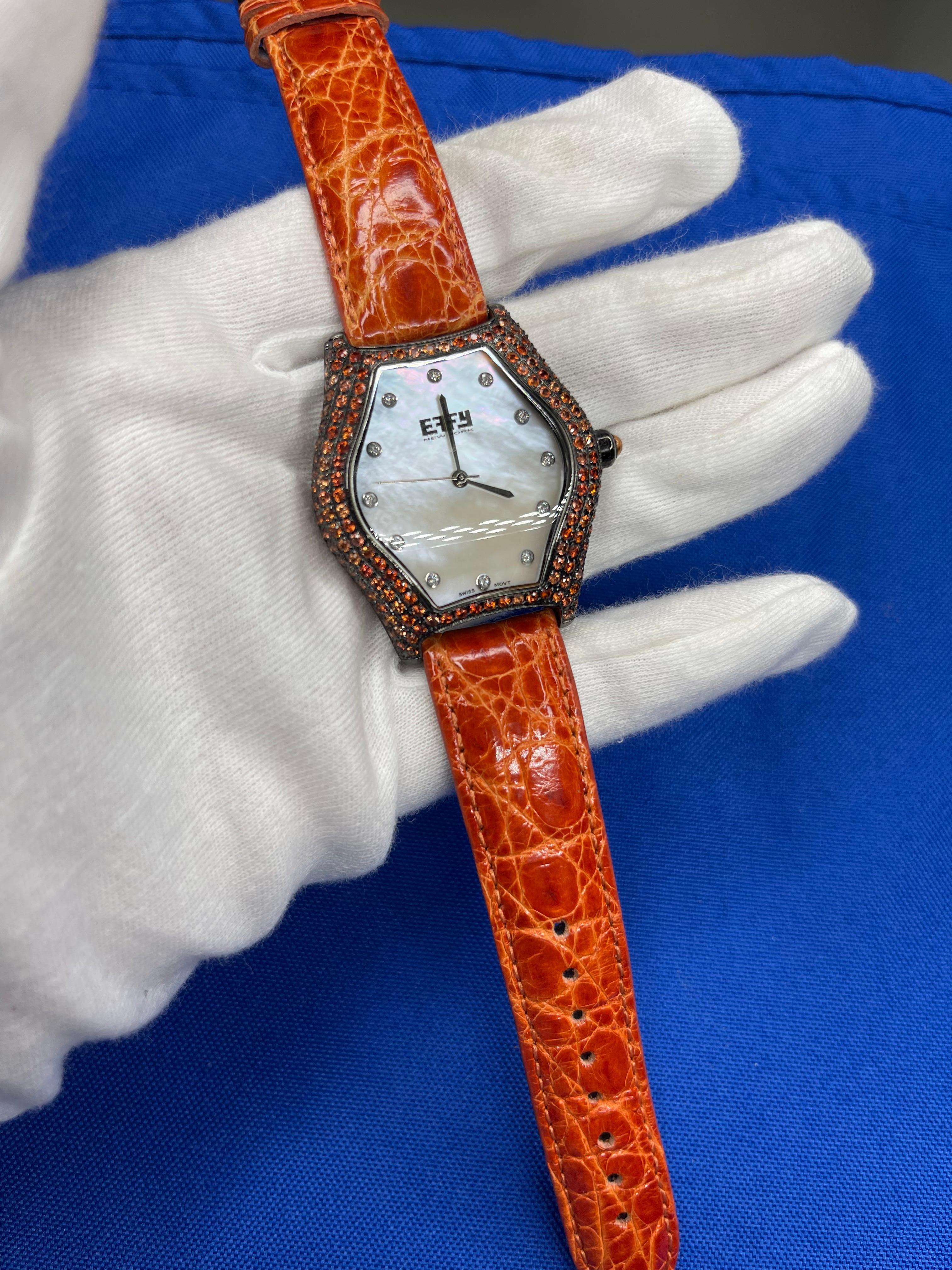 Modern Orange Sapphire & Diamond Pave Dial Luxury Swiss Quartz Exotic Leather Watch For Sale
