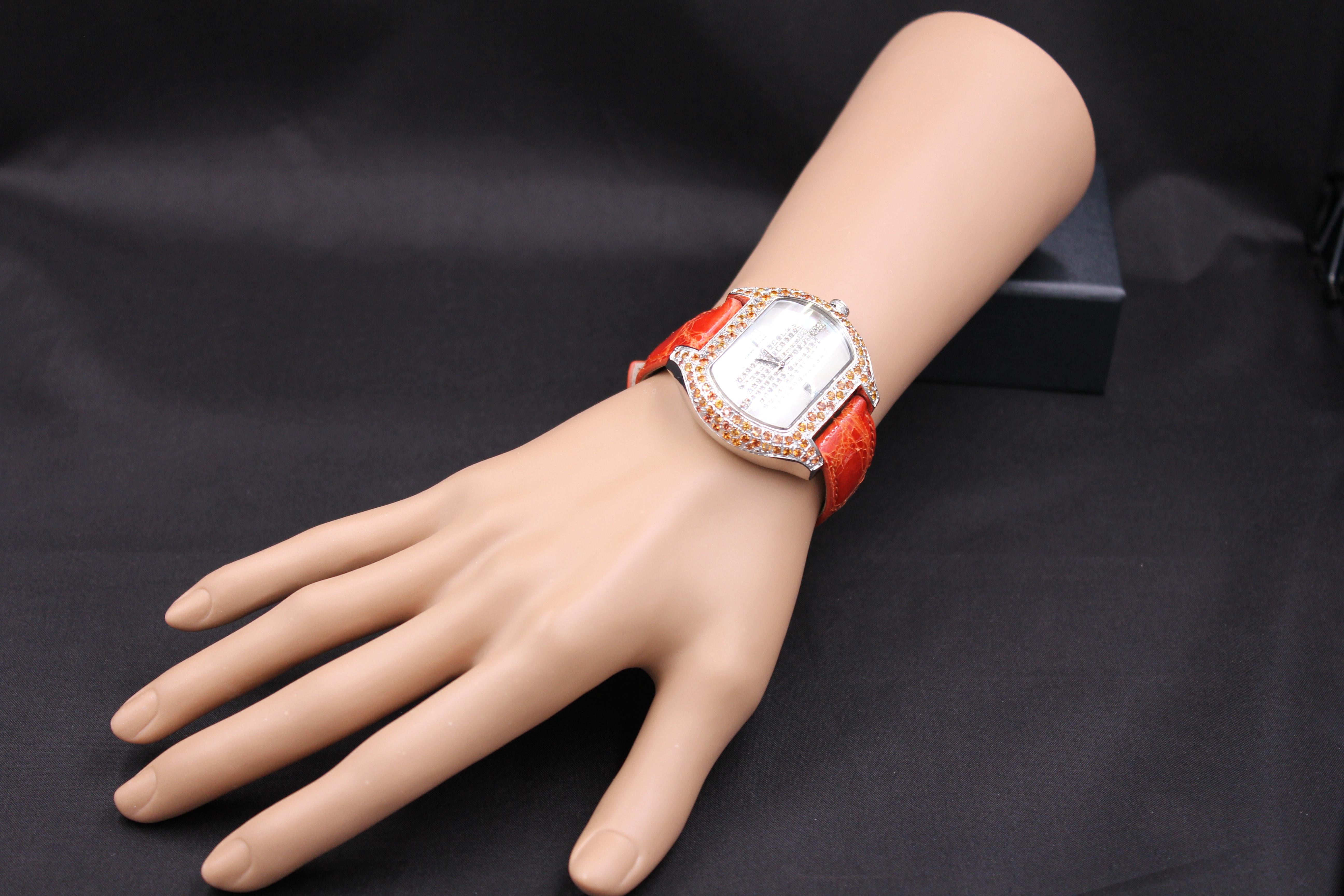 Mixed Cut Orange Sapphire & Diamond Pave Dial Luxury Swiss Quartz Exotic Leather Watch For Sale