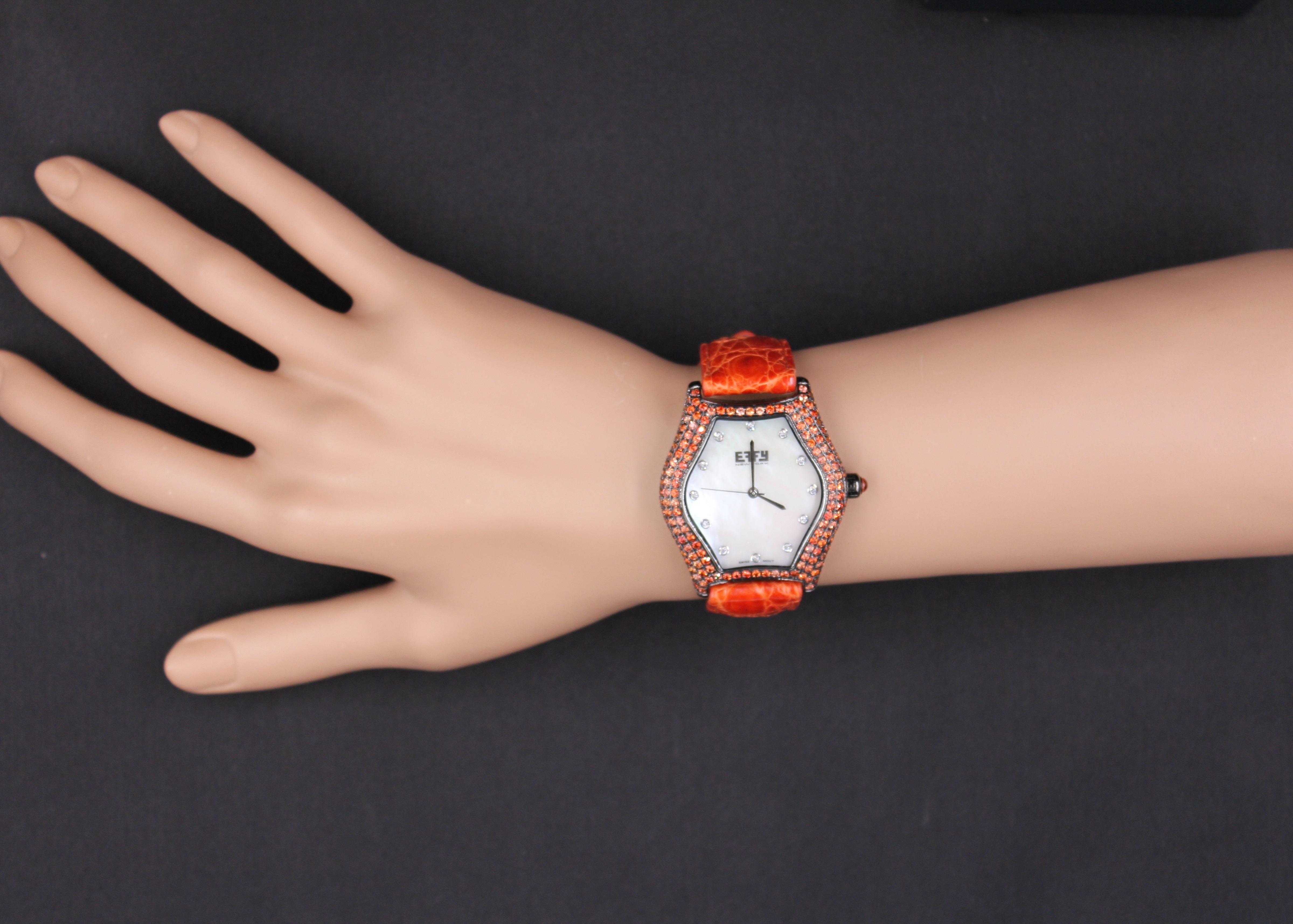 Mixed Cut Orange Sapphire & Diamond Pave Dial Luxury Swiss Quartz Exotic Leather Watch For Sale