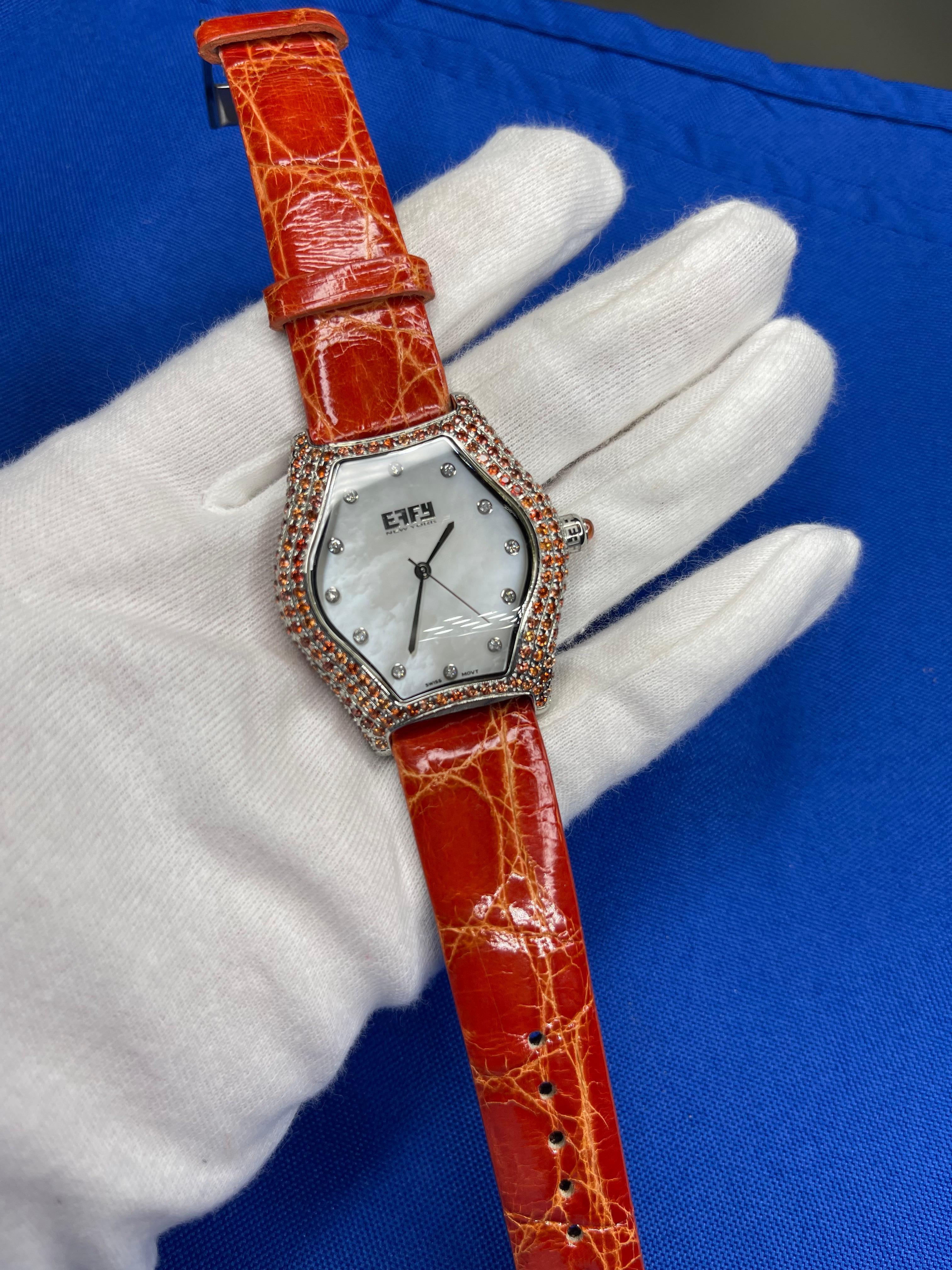 Orange Sapphire & Diamond Pave Dial Luxury Swiss Quartz Exotic Leather Watch In New Condition For Sale In Oakton, VA