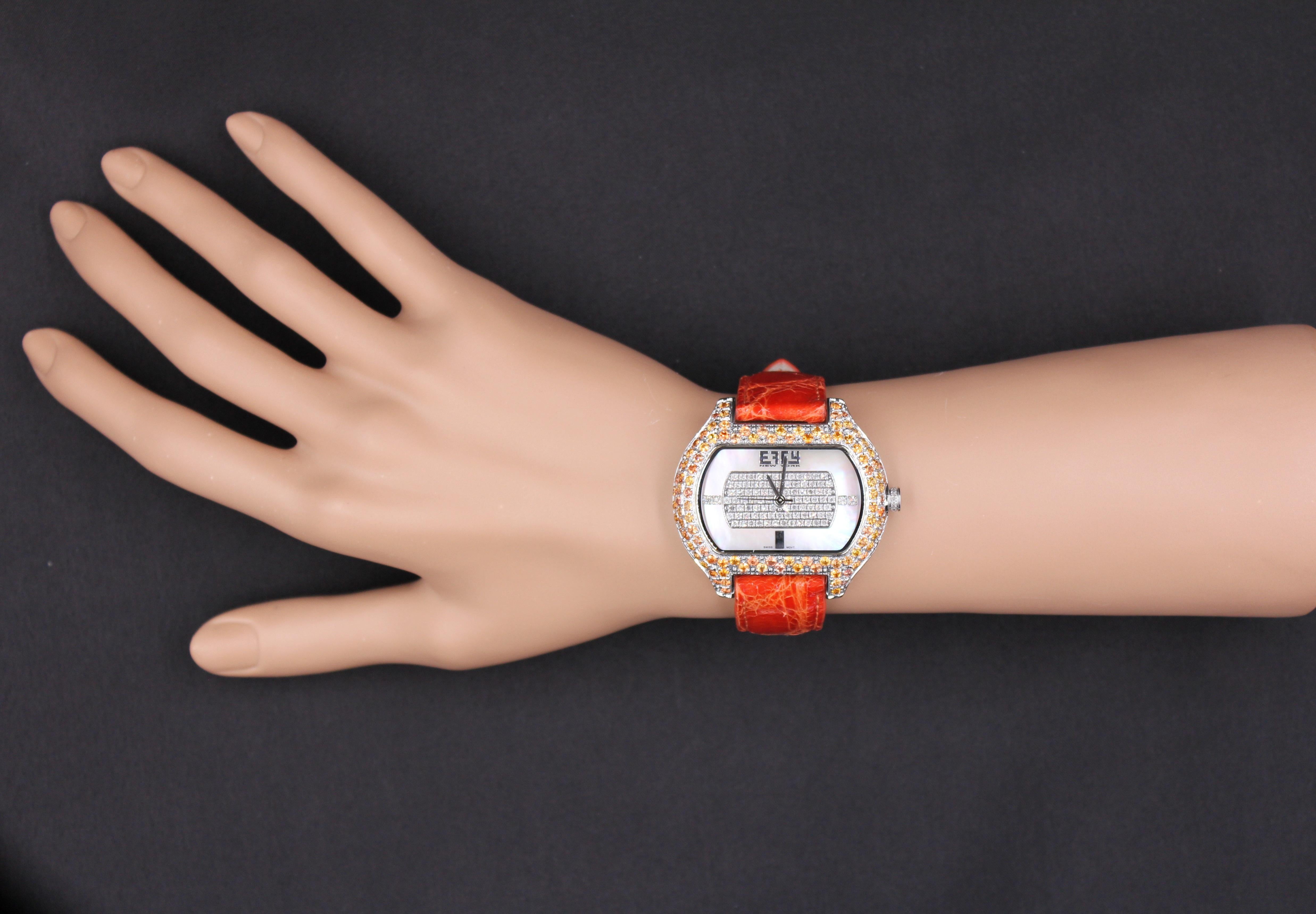 Women's Orange Sapphire & Diamond Pave Dial Luxury Swiss Quartz Exotic Leather Watch For Sale