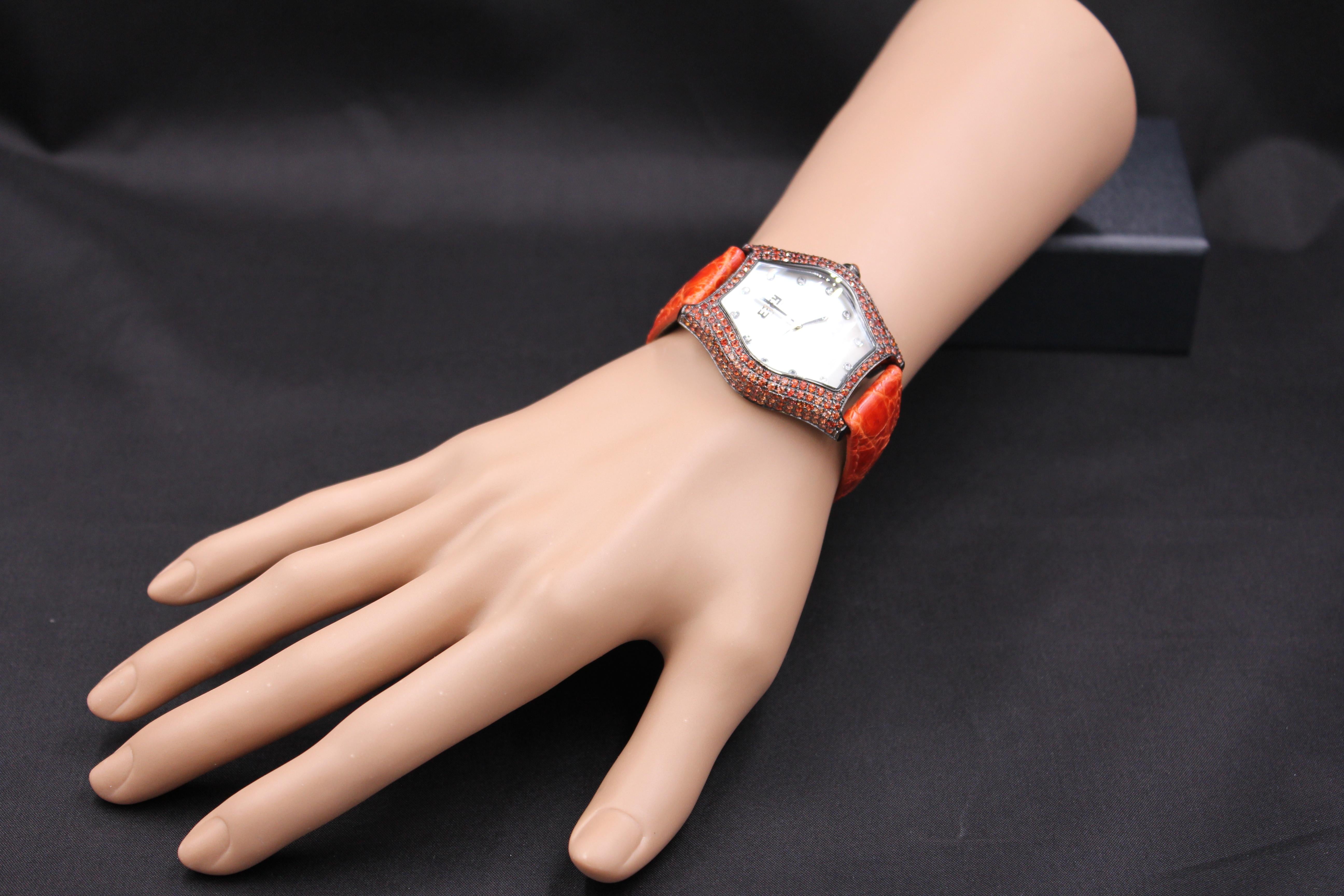 Women's Orange Sapphire & Diamond Pave Dial Luxury Swiss Quartz Exotic Leather Watch For Sale