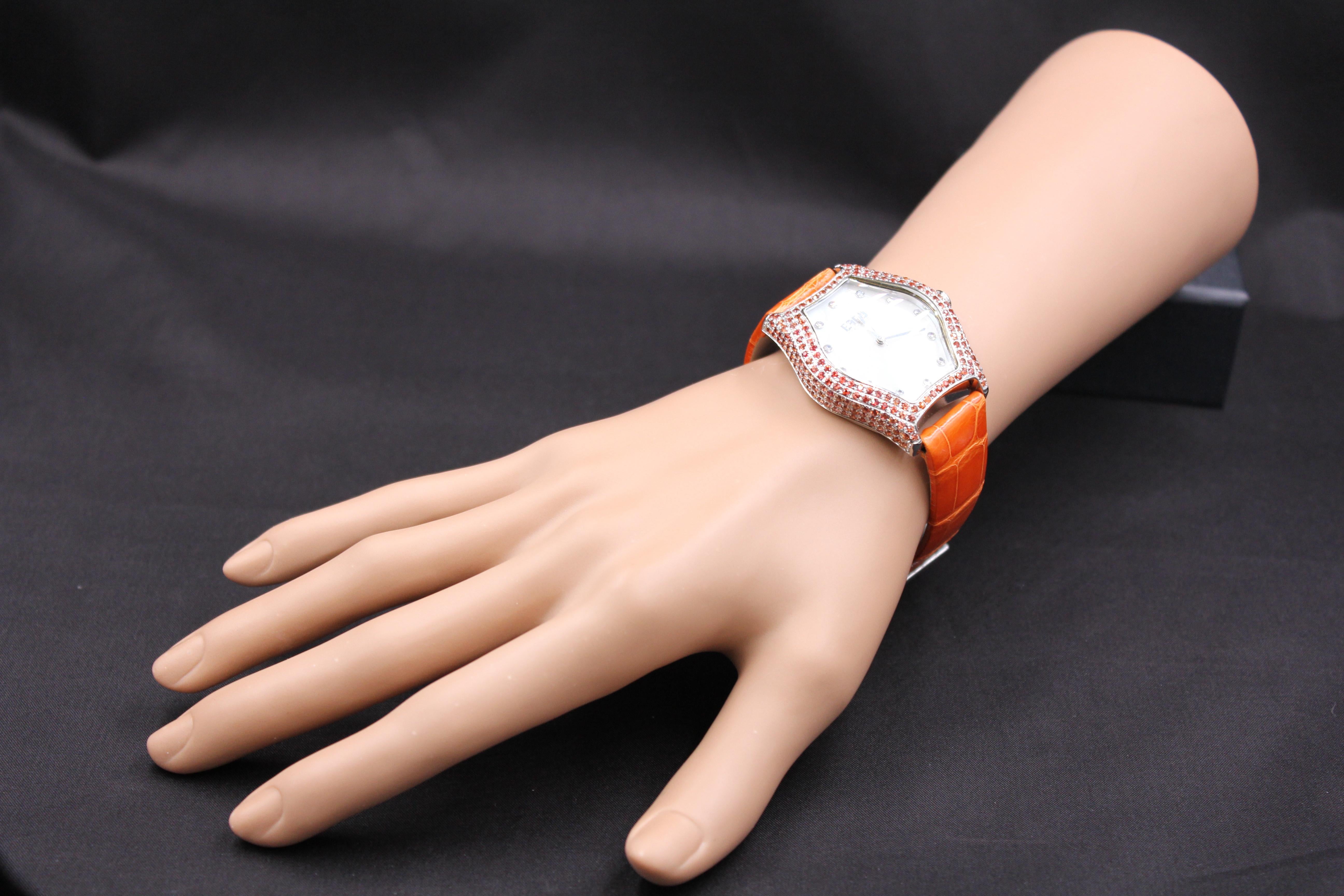 Women's Orange Sapphire & Diamond Pave Dial Luxury Swiss Quartz Exotic Leather Watch For Sale