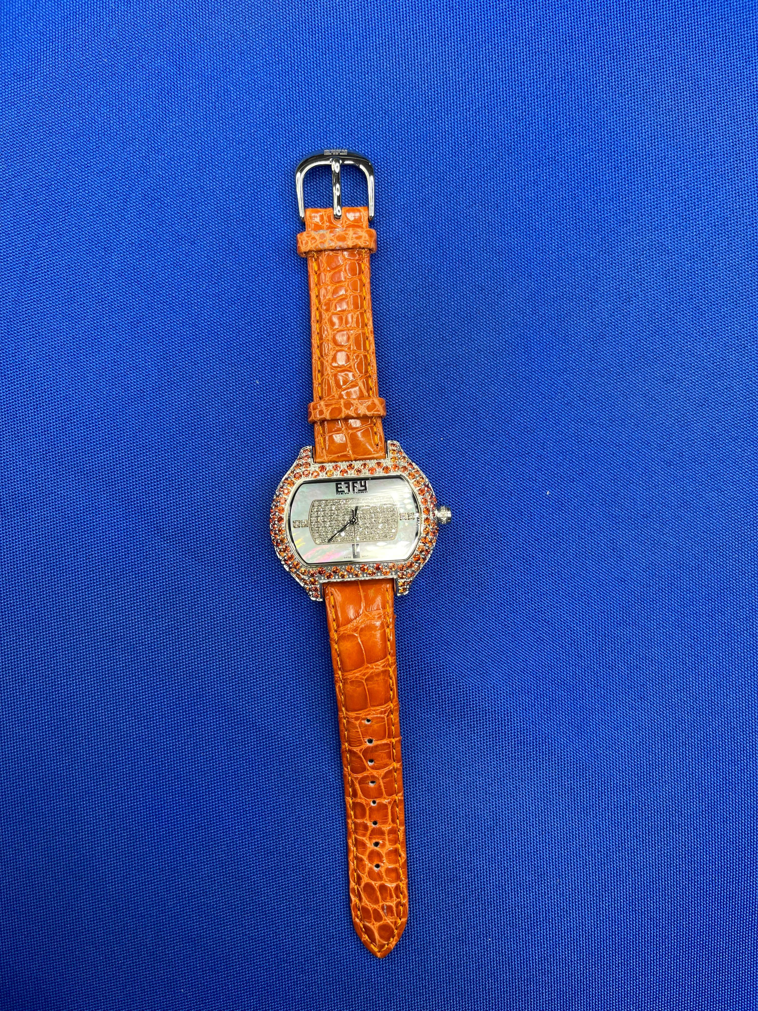 Orange Sapphire & Diamond Pave Dial Luxury Swiss Quartz Exotic Leather Watch For Sale 2