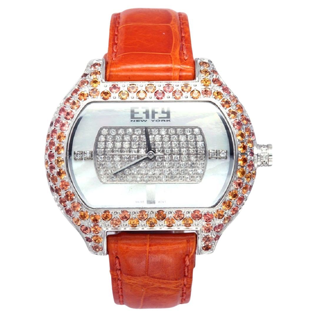 Montre de luxe  quartz suisse en cuir exotique avec cadran pav de saphir et de diamants orange en vente