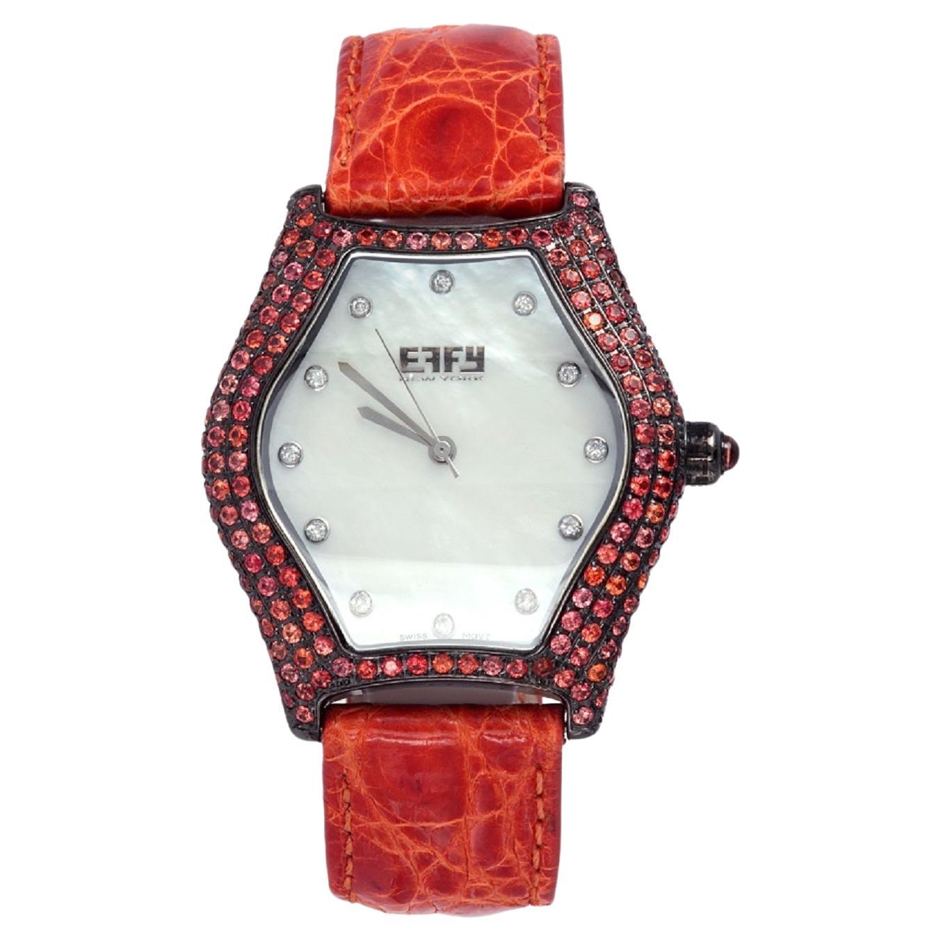 Reloj de lujo de cuarzo suizo de piel exótica con esfera pavé de zafiro naranja y diamantes