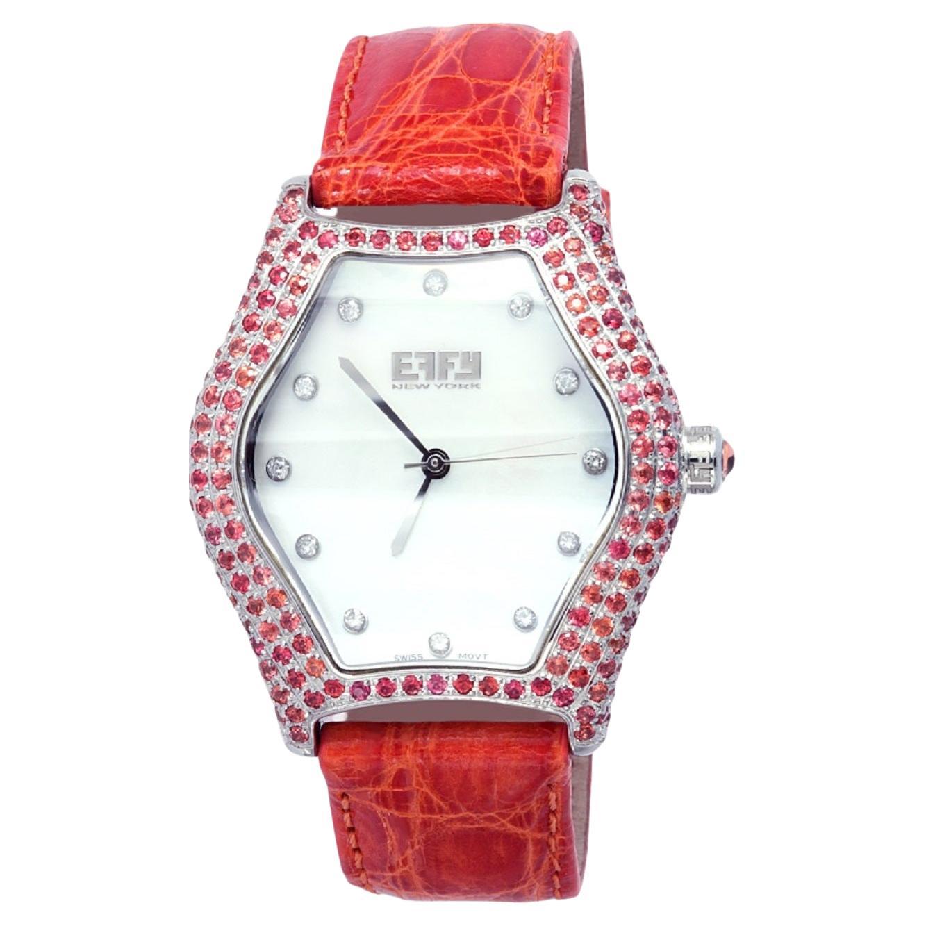 Orange Sapphire & Diamond Pave Dial Luxury Swiss Quartz Exotic Leather Watch For Sale