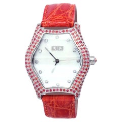 Orange Sapphire & Diamond Pave Dial Luxury Swiss Quartz Exotic Leather Watch