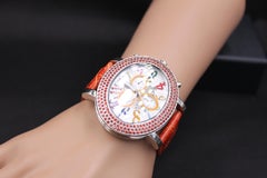 Orange Sapphire Diamonds Pave Dial Luxury Swiss Quartz Exotic Leather Band Watch