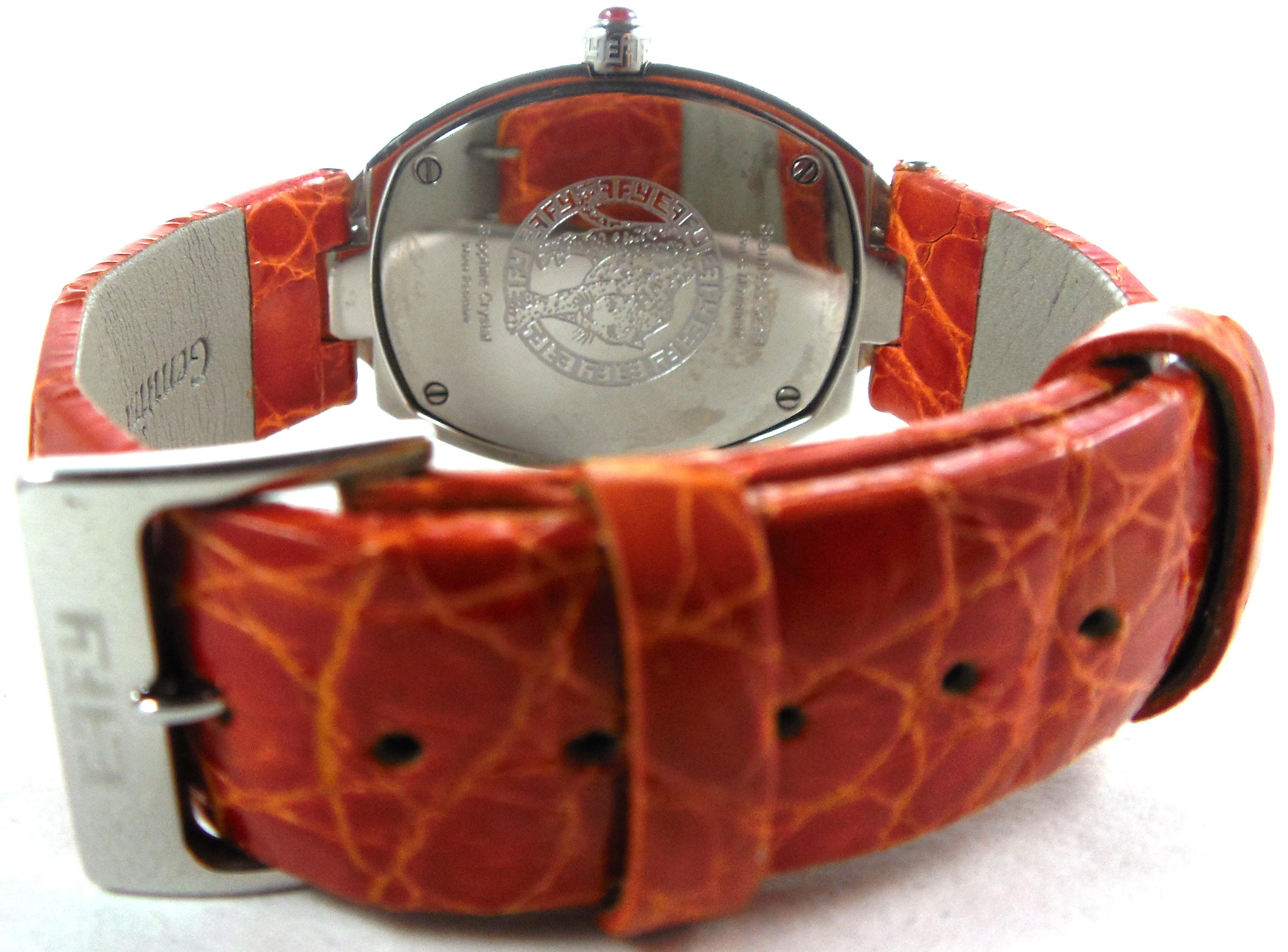 Orange Sapphire Diamonds Pave Dial Luxury Swiss Quartz Exotic Leather Band Watch In New Condition For Sale In Oakton, VA