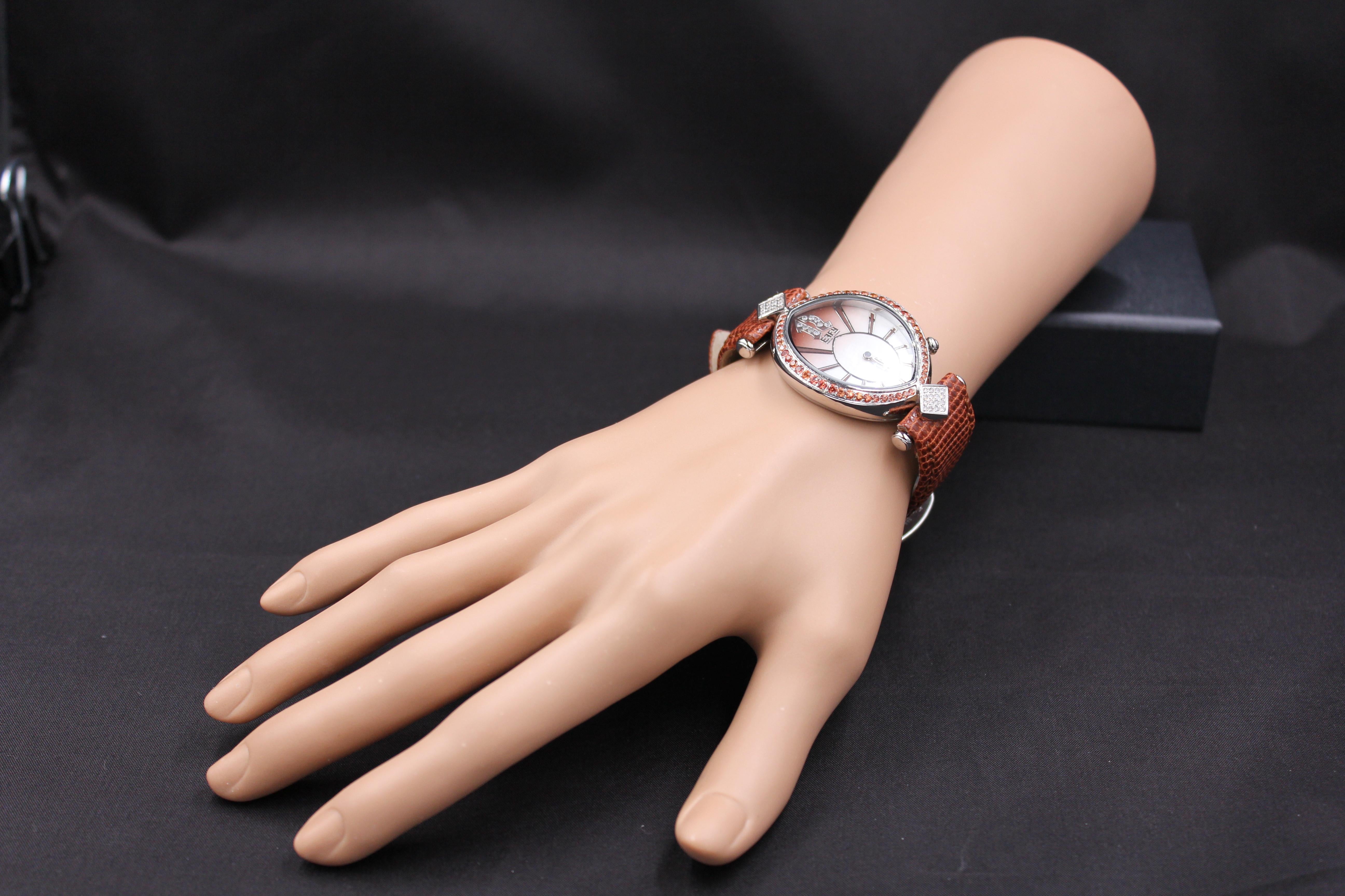 Modern Orange Sapphire Diamonds Pave Dial Luxury Swiss Quartz Exotic Leather Band Watch For Sale
