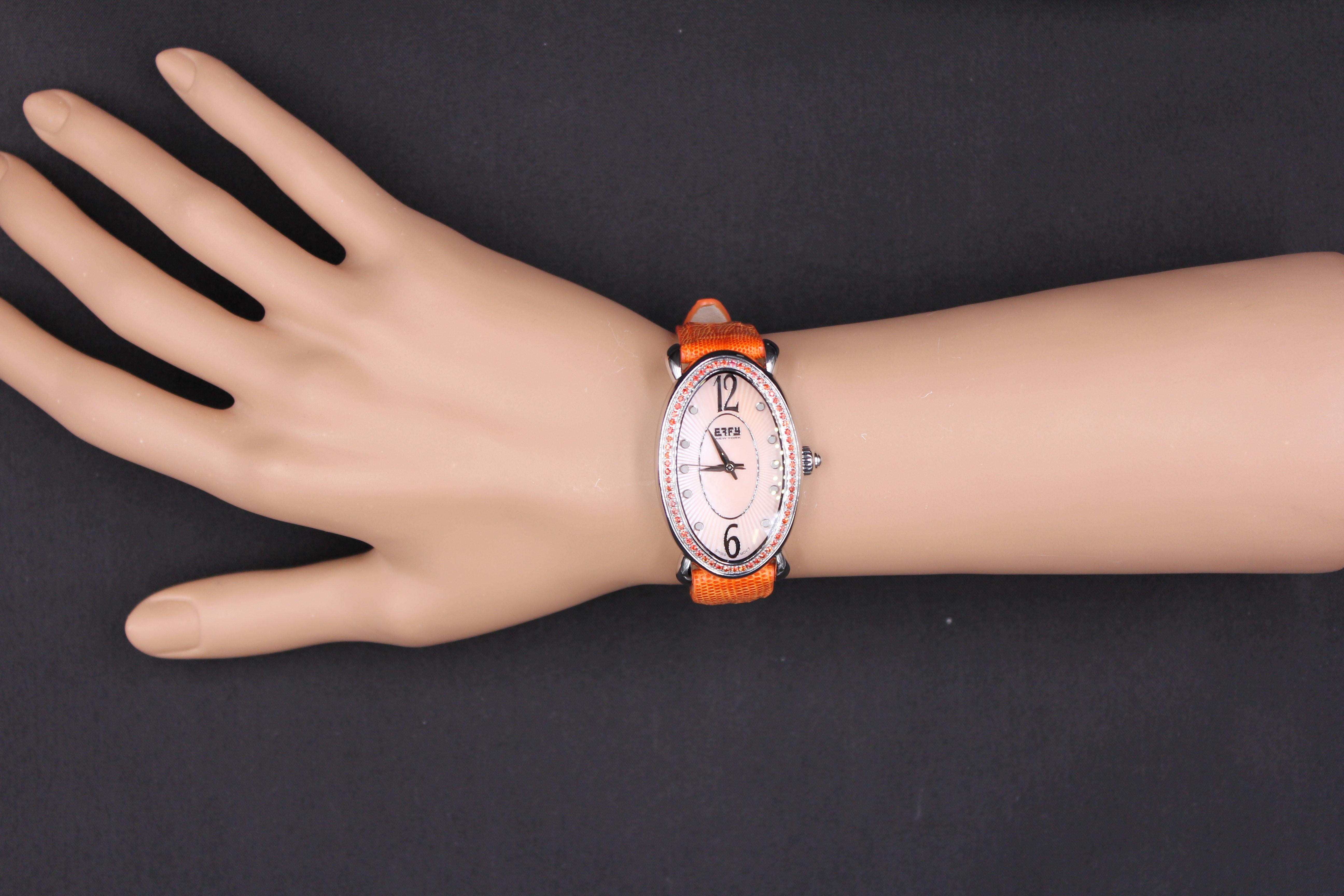 Orange Saphir Diamanten Pave Zifferblatt Luxus Schweizer Quarz Exotische Lederband Uhr im Angebot 1