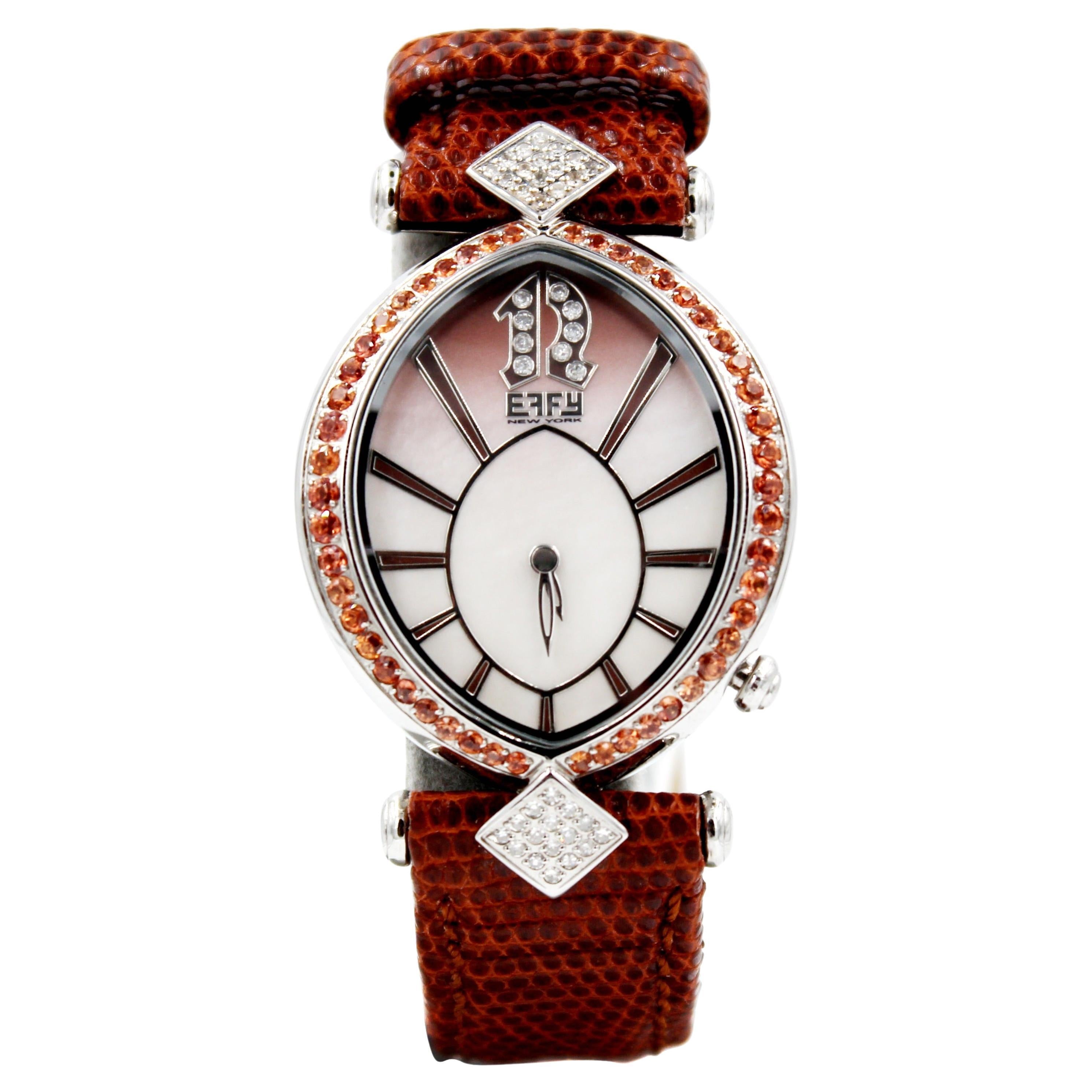 Orange Sapphire Diamonds Pave Dial Luxury Swiss Quartz Exotic Leather Band Watch For Sale