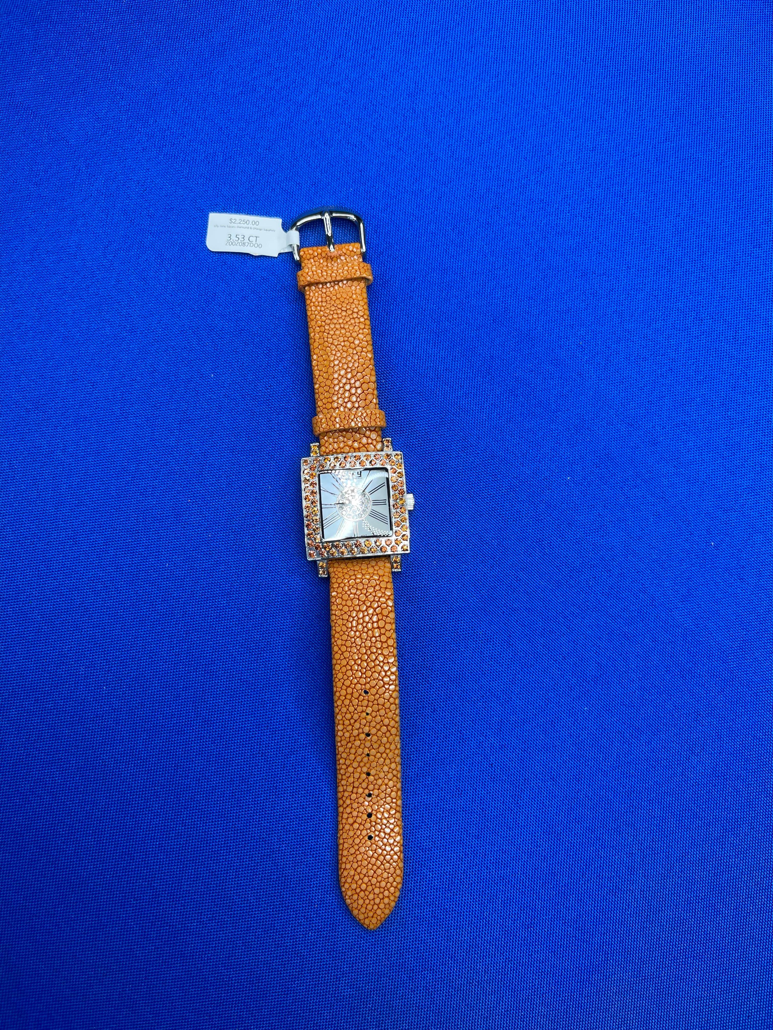 Orange Sapphire & Diamonds Pave Dial Luxury Swiss Quartz Exotic Leather Watch In New Condition For Sale In Oakton, VA