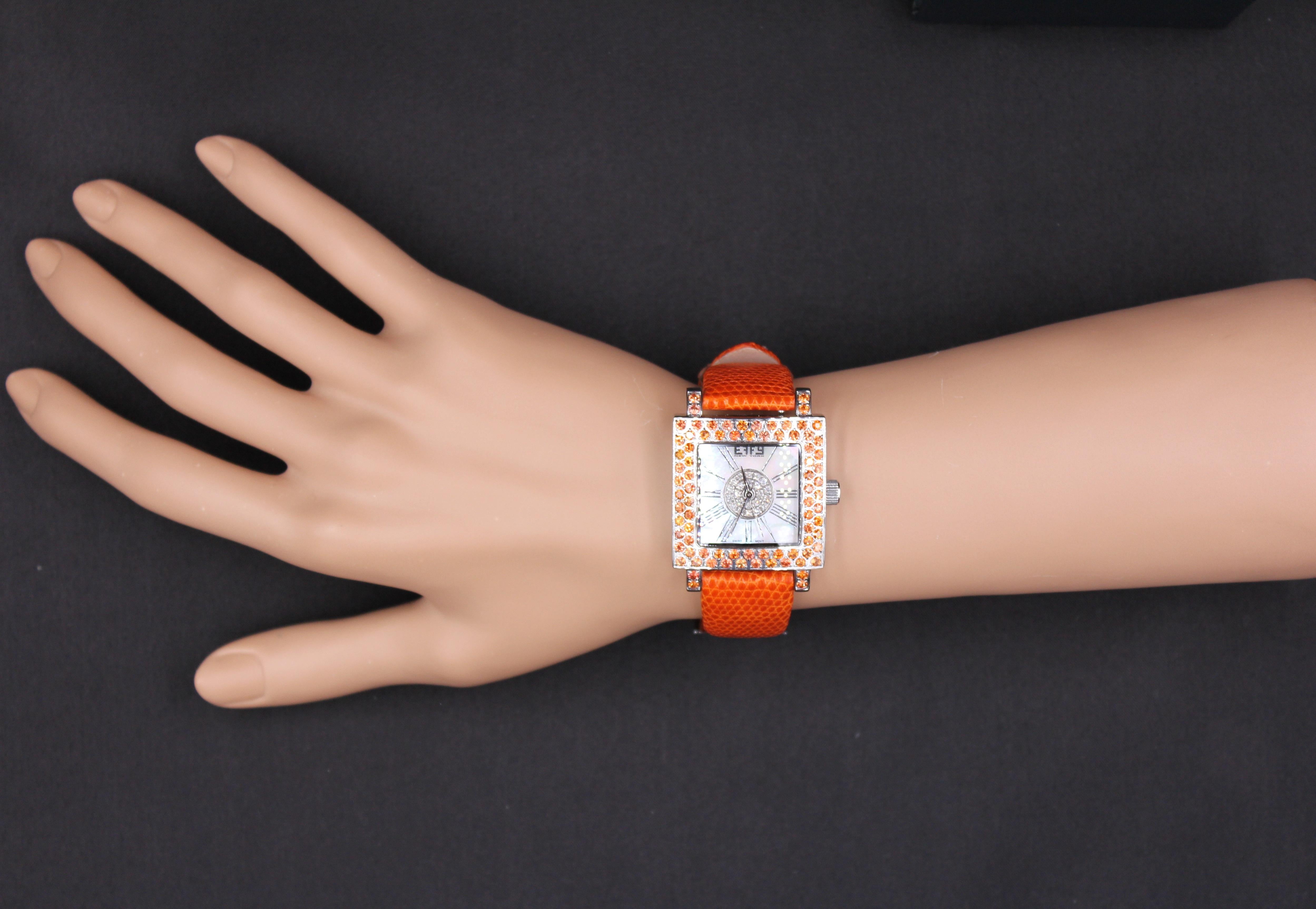 Women's Orange Sapphire & Diamonds Pave Dial Luxury Swiss Quartz Exotic Leather Watch For Sale