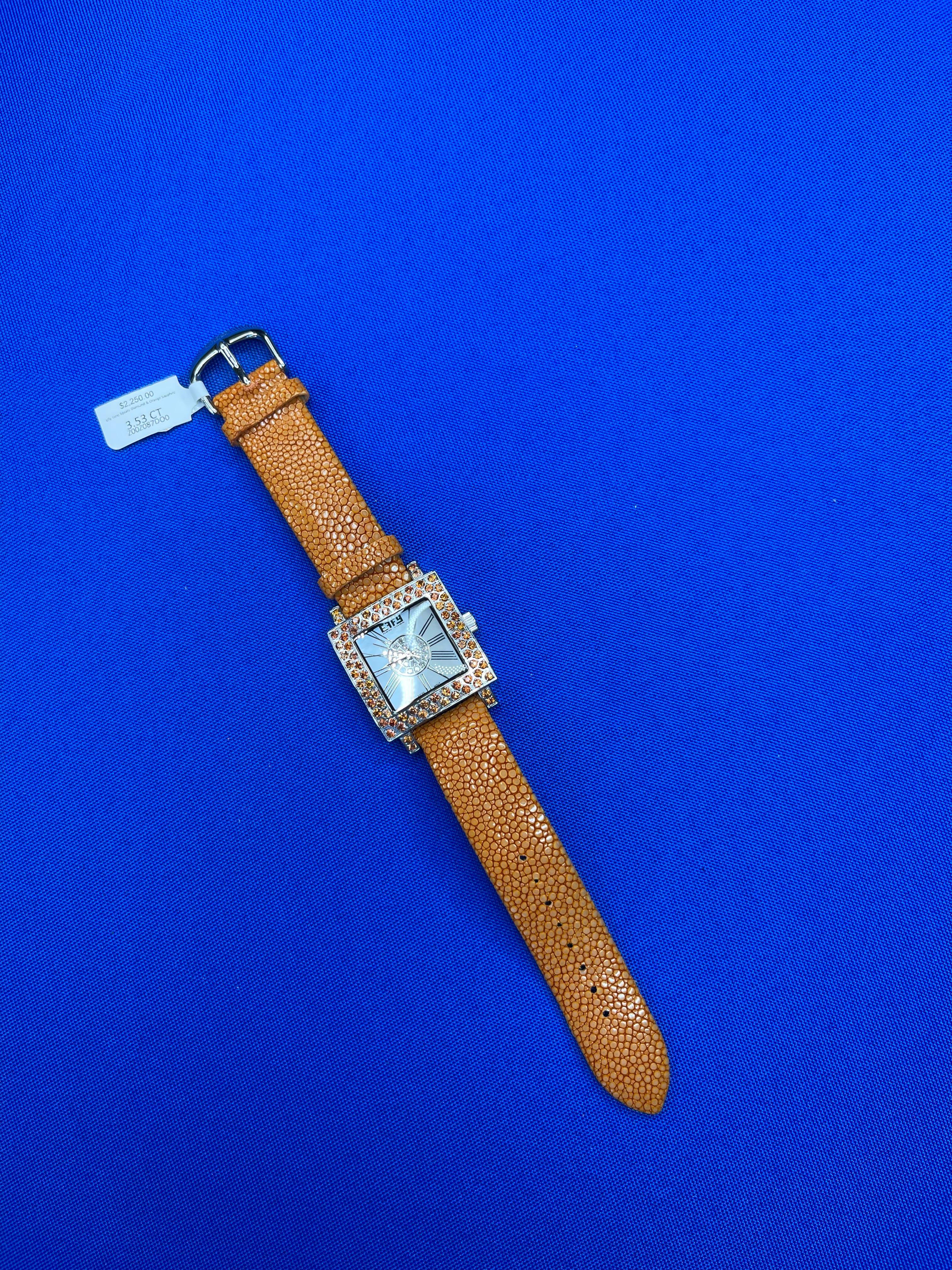 Orange Sapphire & Diamonds Pave Dial Luxury Swiss Quartz Exotic Leather Watch For Sale 2