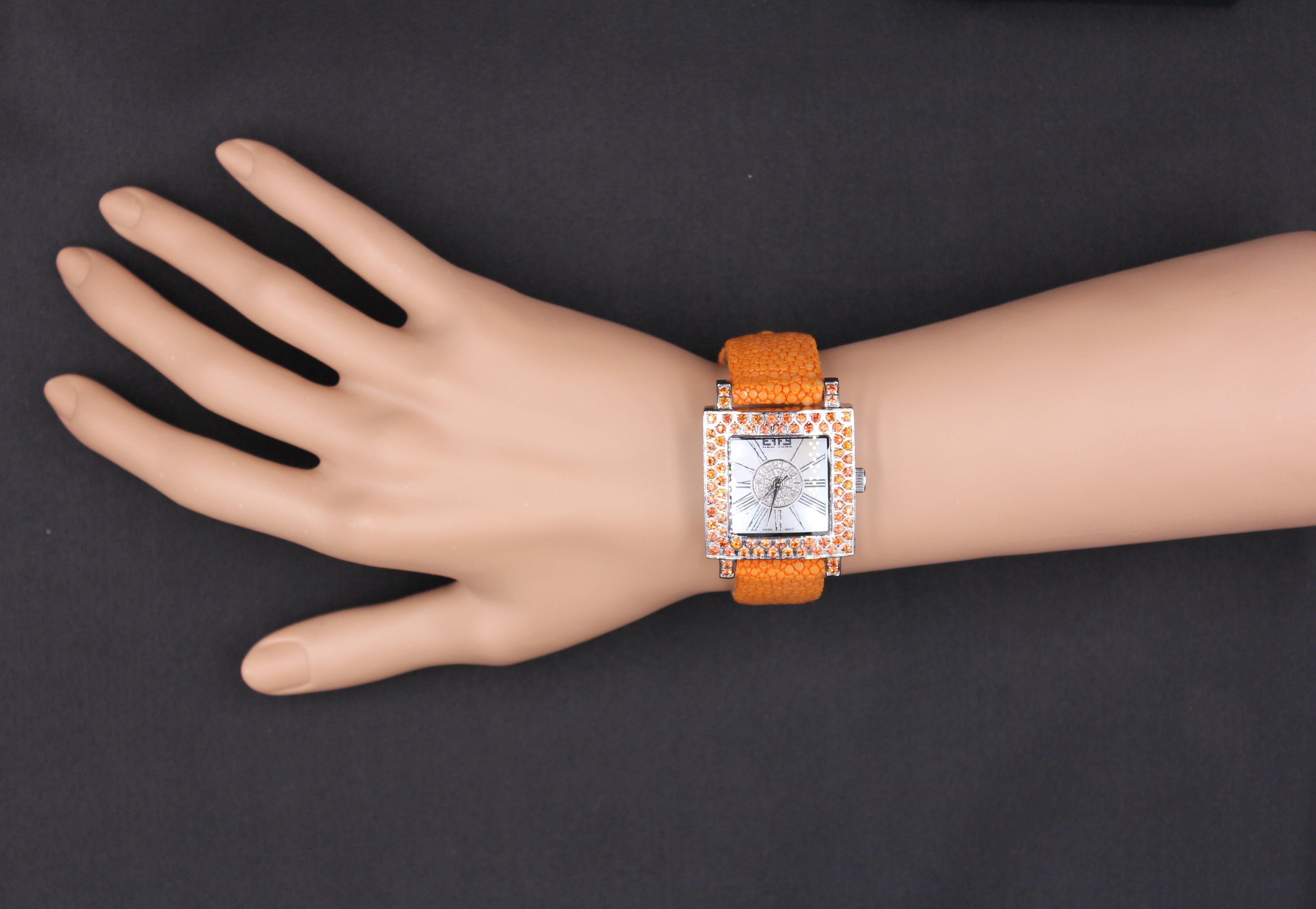Orange Sapphire & Diamonds Pave Dial Luxury Swiss Quartz Exotic Leather Watch For Sale 3