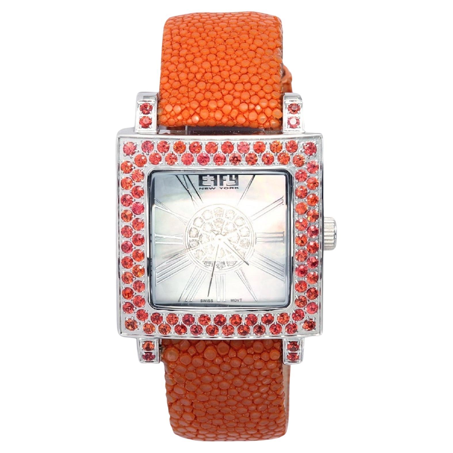 Orange Sapphire & Diamonds Pave Dial Luxury Swiss Quartz Exotic Leather Watch