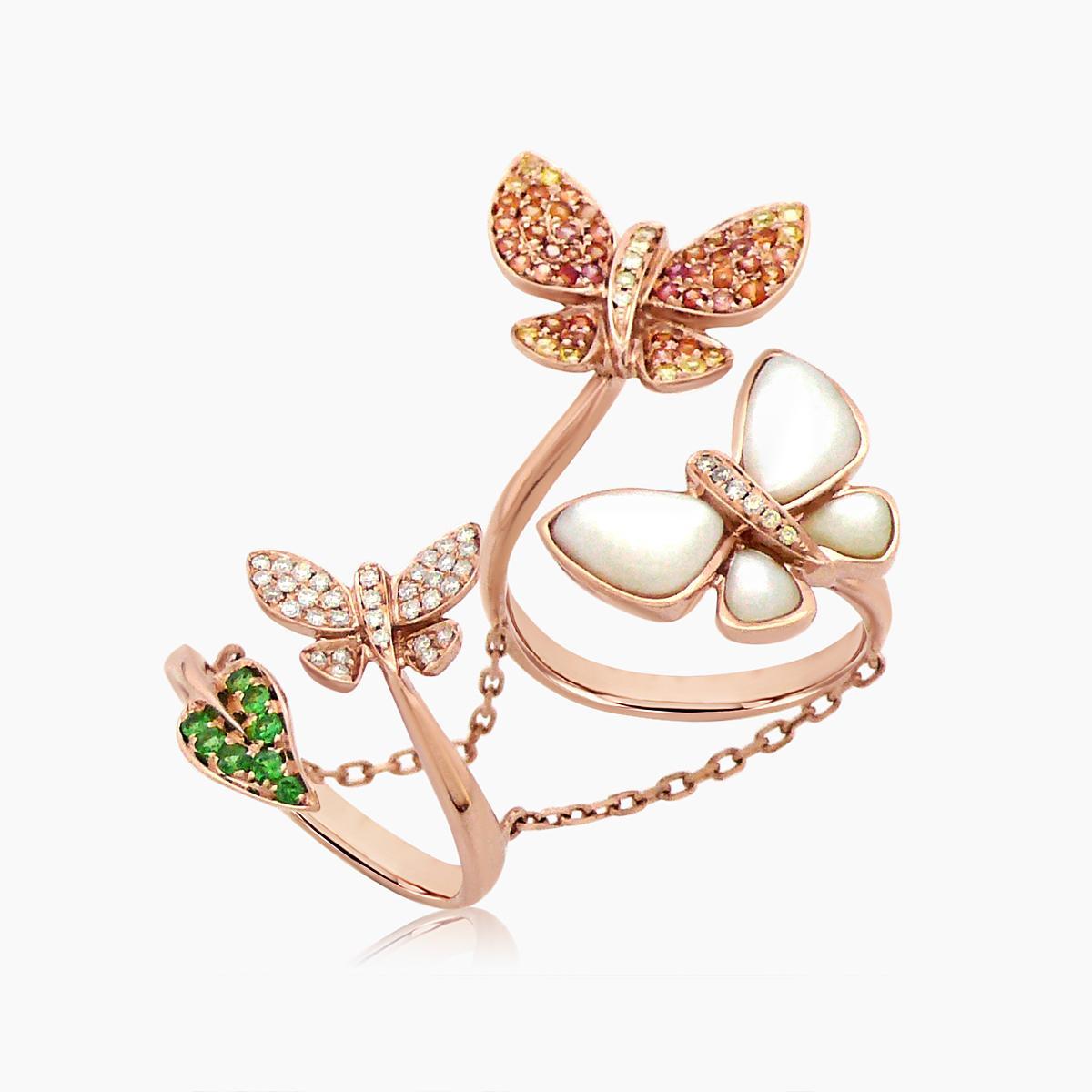 Mixed Cut Orange Sapphire & Diamonds Pearl Pave Butterfly Sweet 18K Rose Gold Animal Ring For Sale