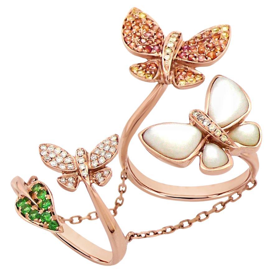 Orange Sapphire & Diamonds Pearl Pave Butterfly Sweet 18K Rose Gold Animal Ring For Sale