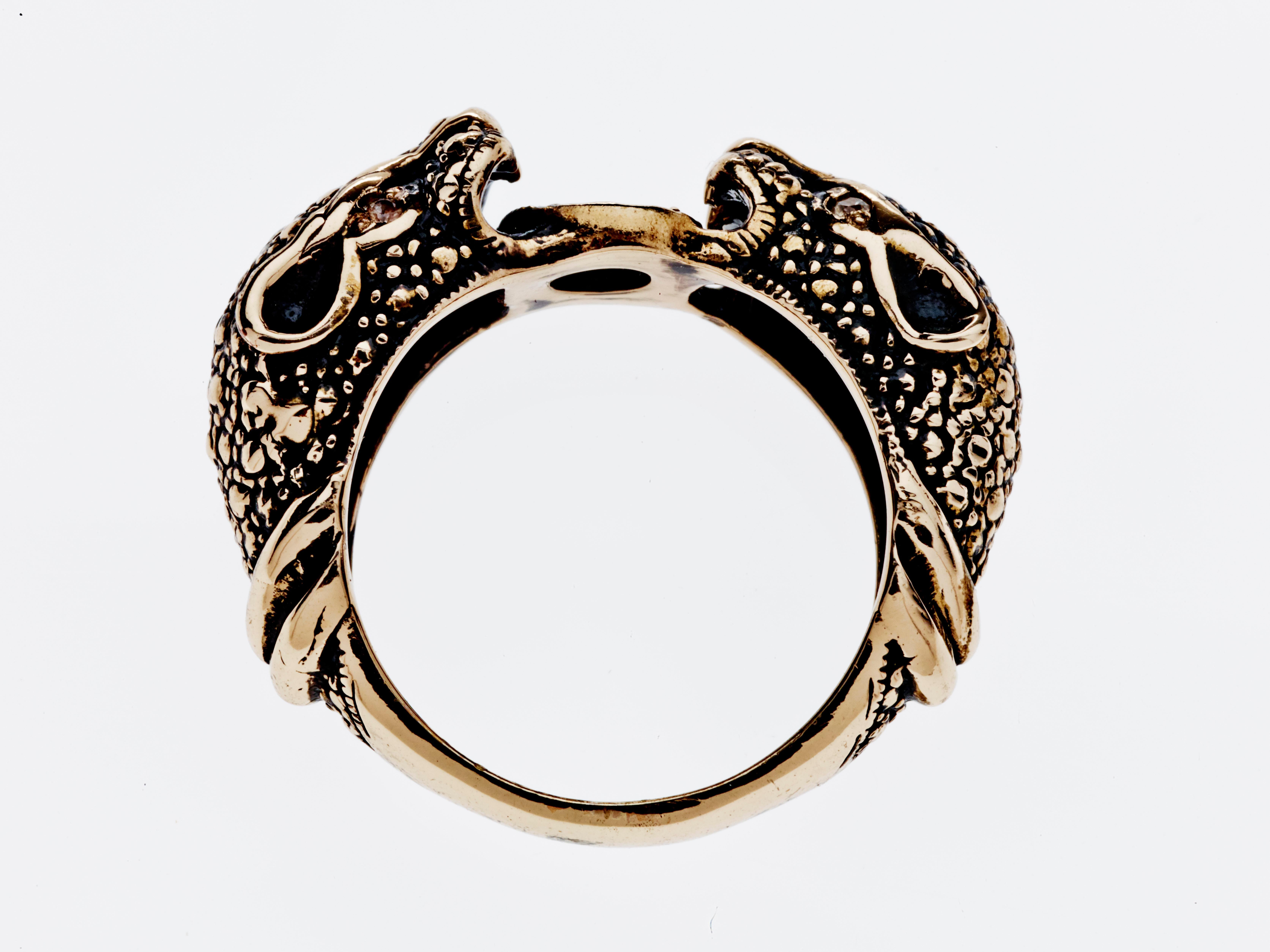 Contemporary Orange Sapphire Double Head Jaguar Ring Antique Gold Animal Ring J Dauphin For Sale