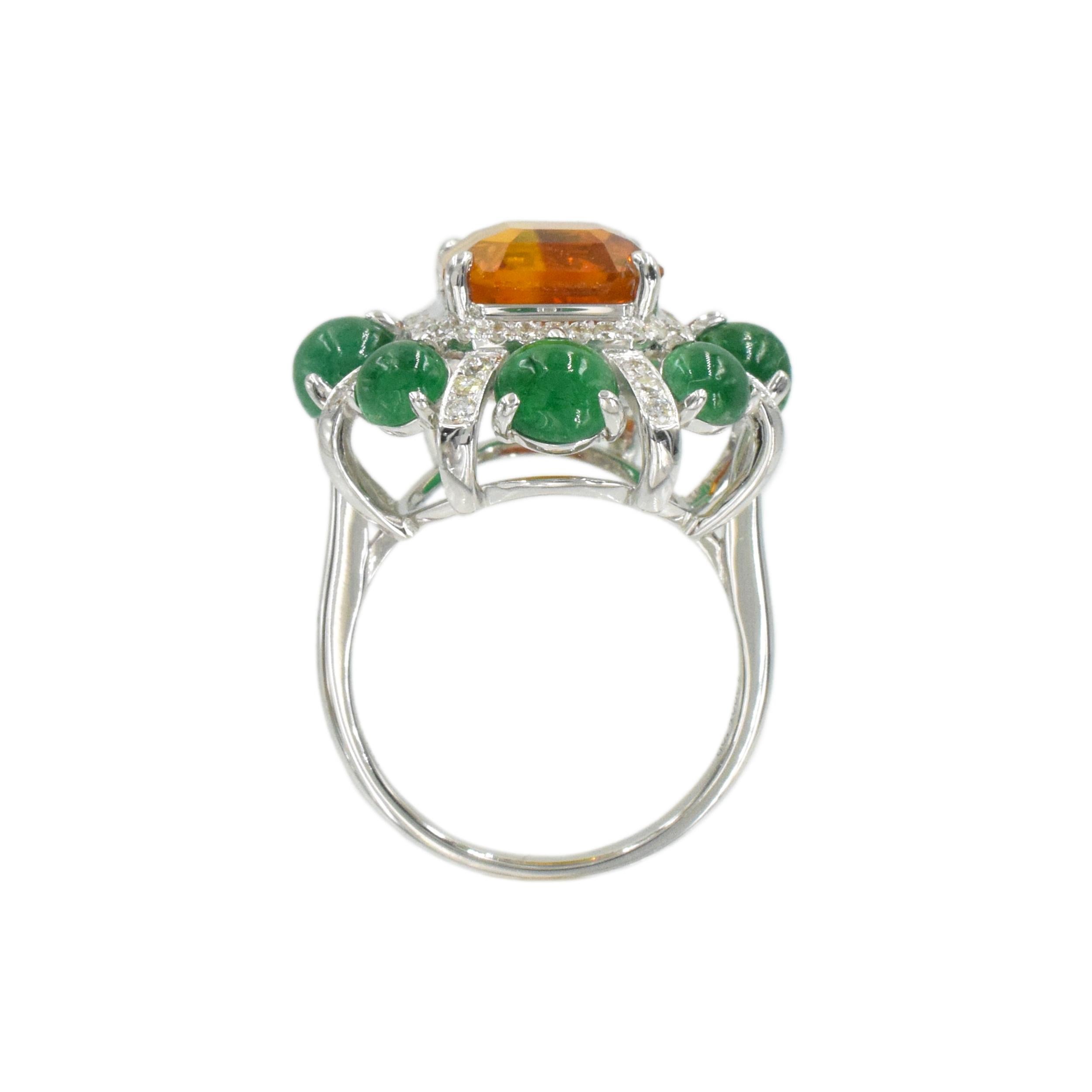 Square Cut Orange Sapphire, Emerald, and Diamond Ring For Sale