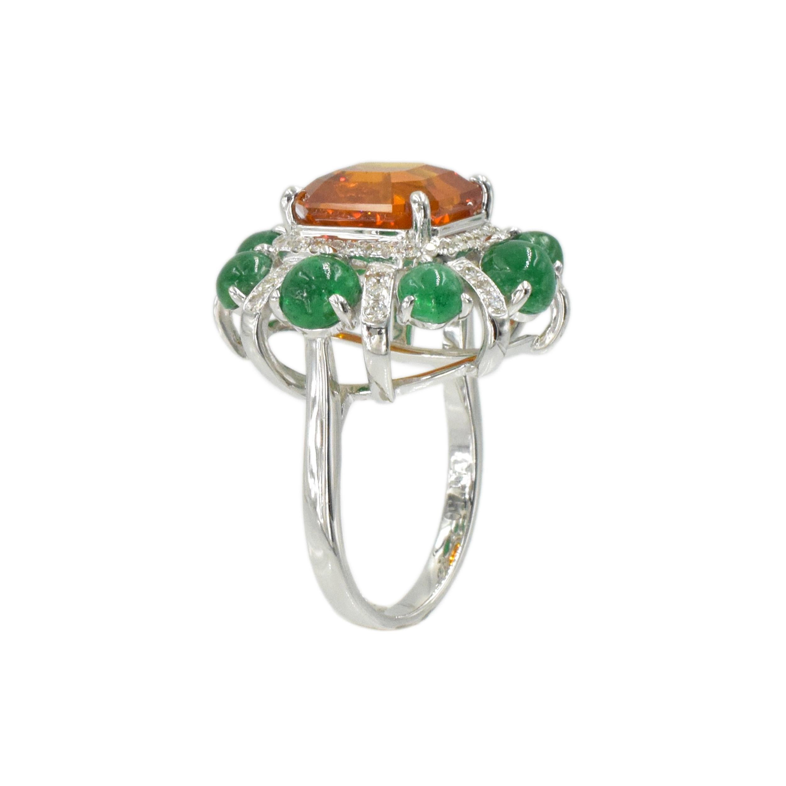 Orange Sapphire, Emerald, and Diamond Ring In Excellent Condition For Sale In New York, NY