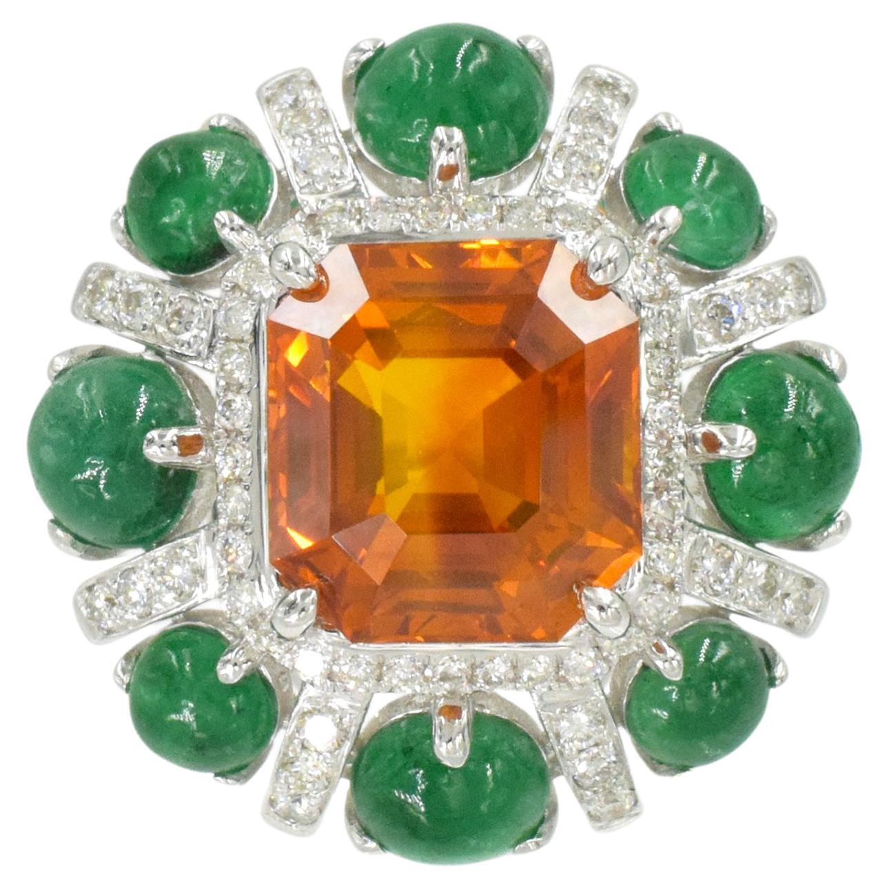 Orange Sapphire, Emerald, and Diamond Ring For Sale