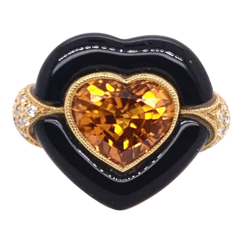 Orange Sapphire Heart Cocktail Ring with Onyx and Diamonds in 18 Karat Gold For Sale