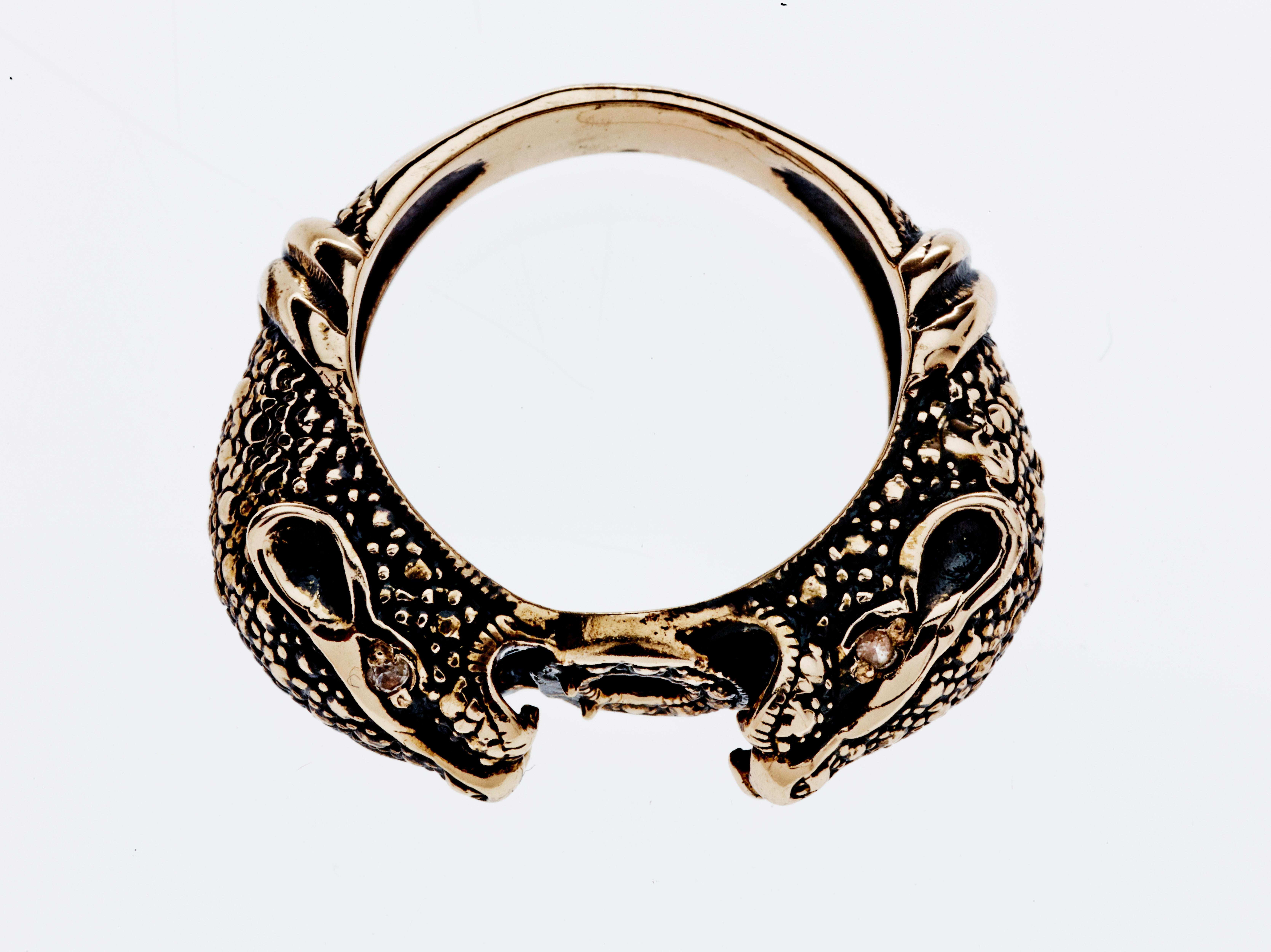 Contemporary Orange Sapphire Double Head Jaguar Ring Antique Gold Animal Ring J Dauphin For Sale