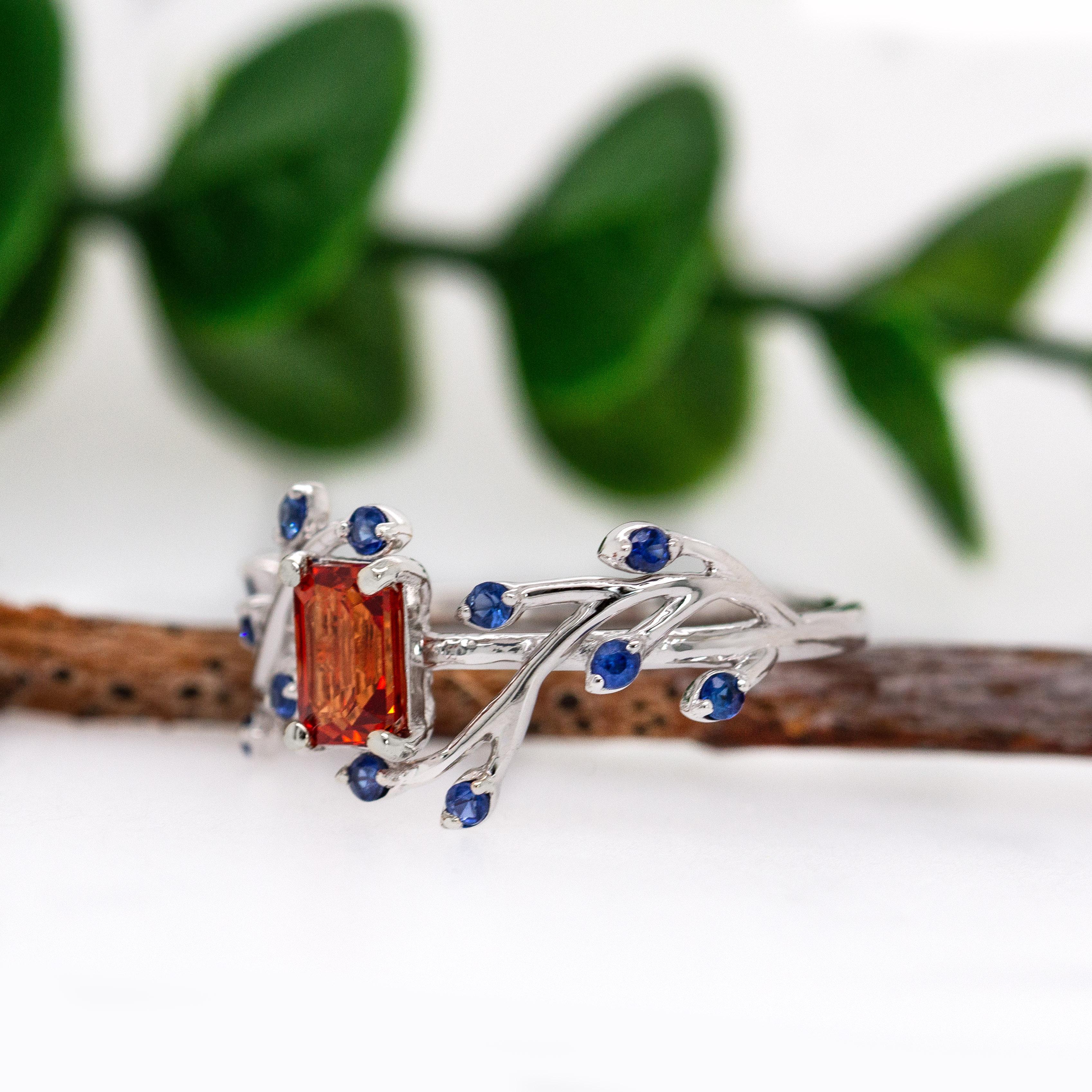 Emerald Cut Orange Sapphire Ring with Blue Sapphire Accents in Solid 14K Gold  EM 6x4mm For Sale