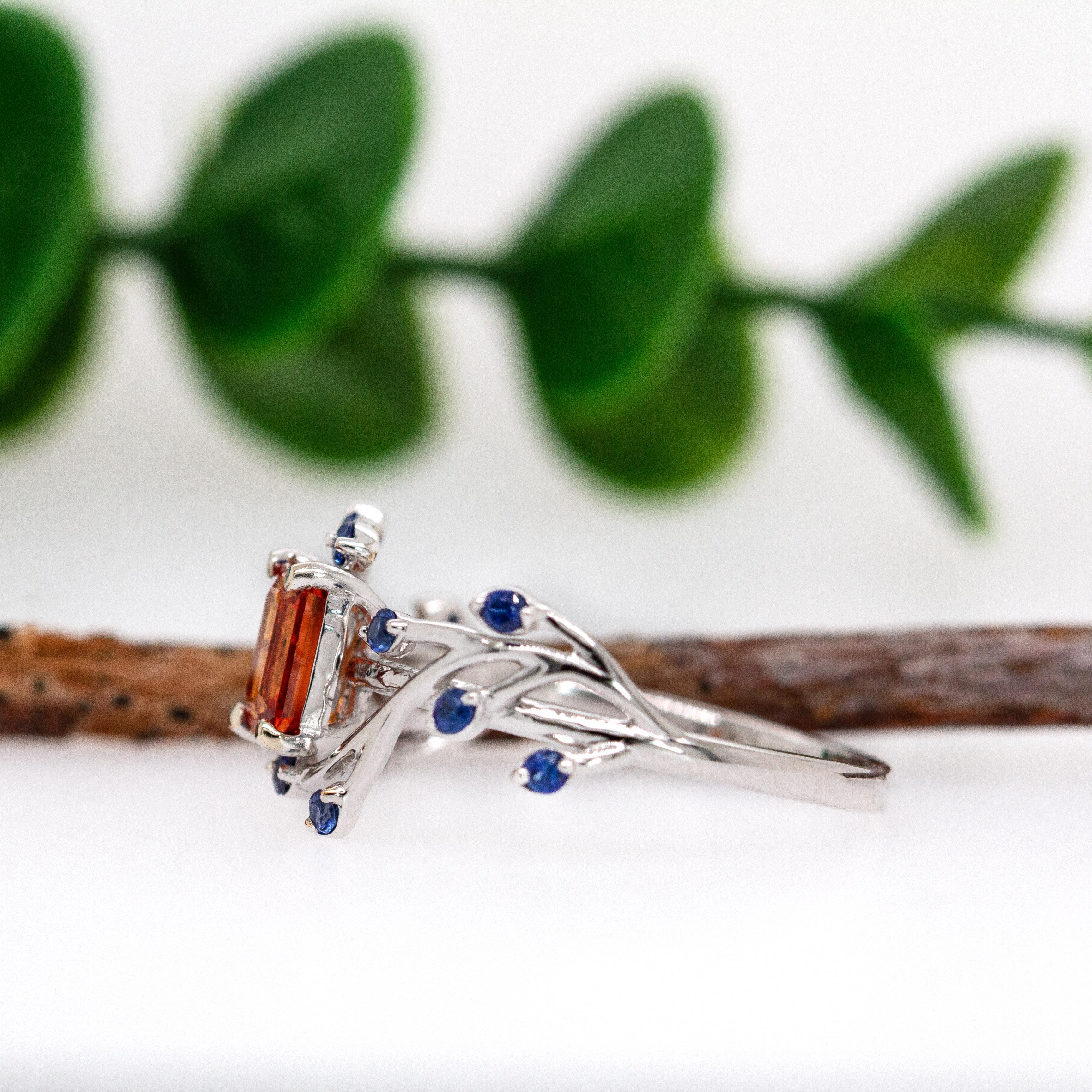 Women's Orange Sapphire Ring with Blue Sapphire Accents in Solid 14K Gold  EM 6x4mm For Sale