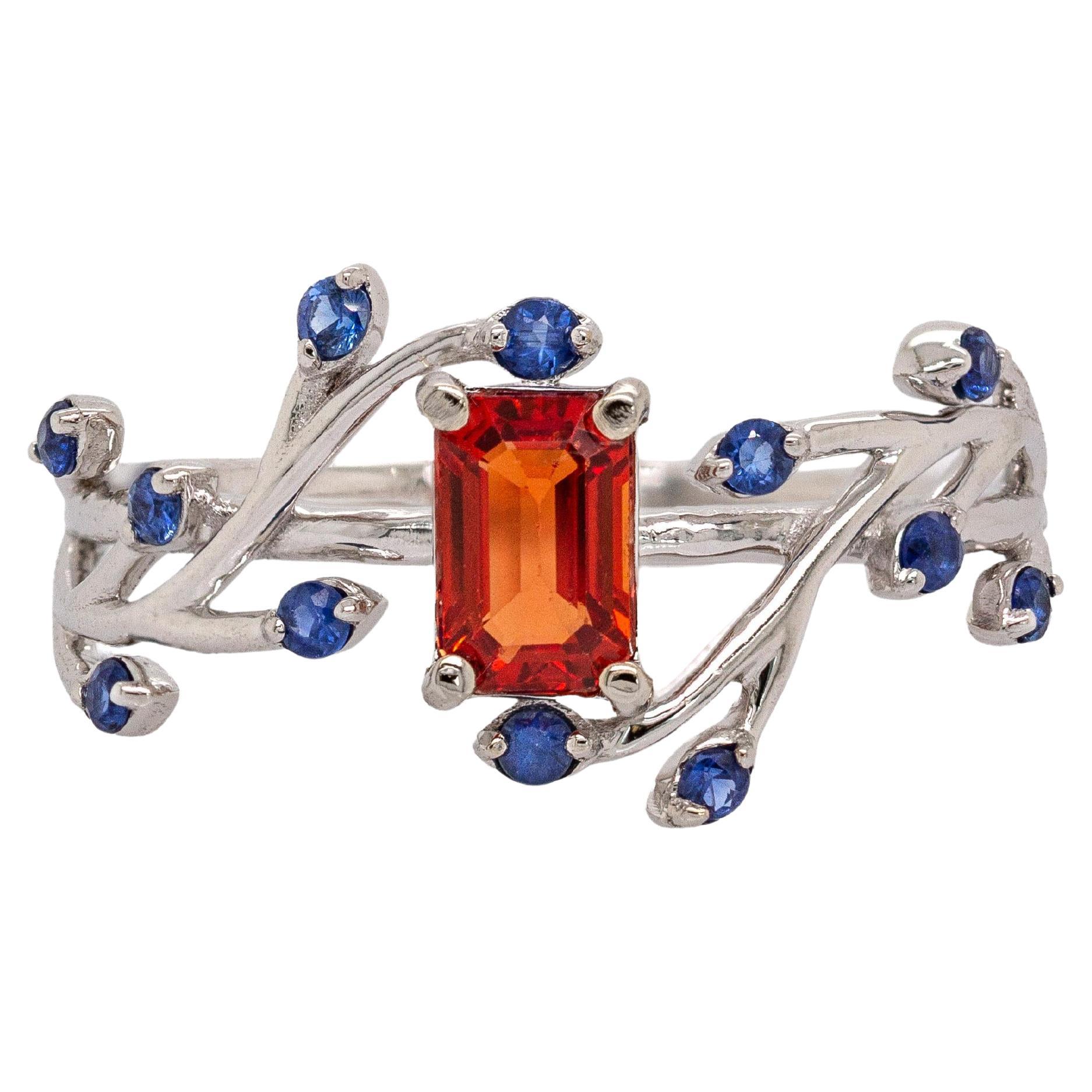 Orange Sapphire Ring with Blue Sapphire Accents in Solid 14K Gold  EM 6x4mm