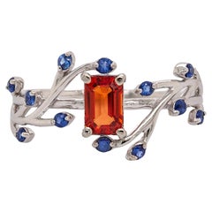 Orange Sapphire Ring with Blue Sapphire Accents in Solid 14K Gold  EM 6x4mm