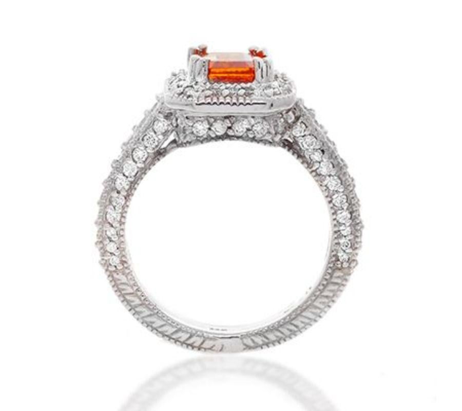 Modern 14k White Gold 2.2ct Orange Sapphire Ring with 1.16ct Diamonds For Sale