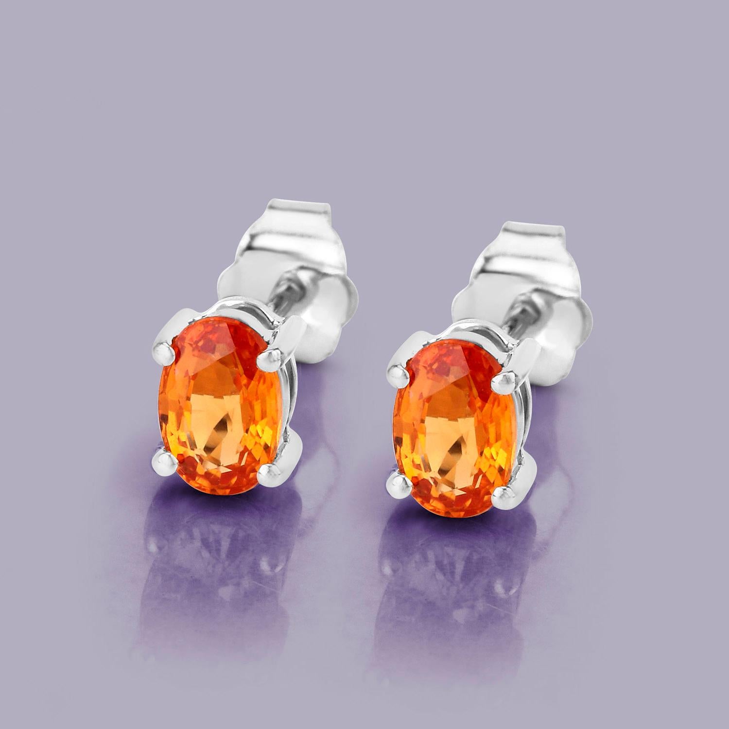 Oval Cut Orange Sapphire Stud Earrings 1.10 Carats 14K White Gold For Sale