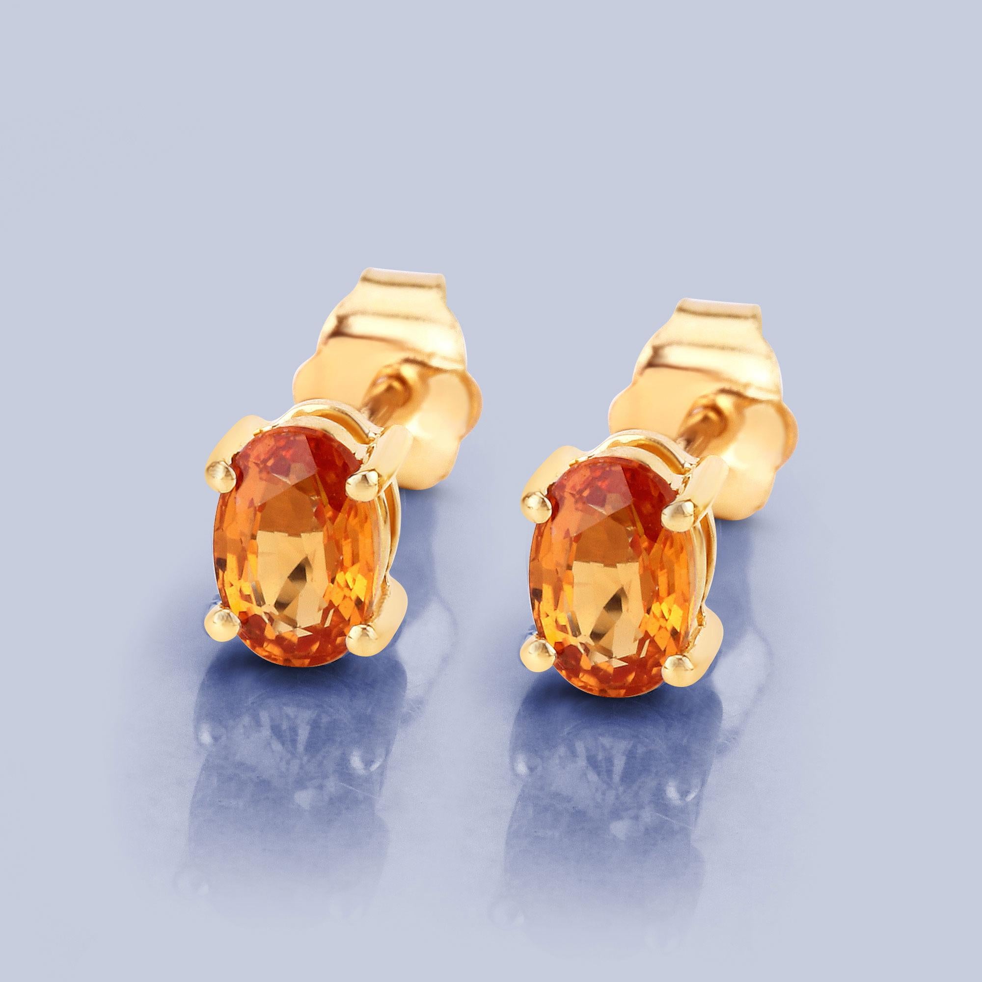 Oval Cut Orange Sapphire Stud Earrings 1.10 Carats Total 14K Yellow Gold For Sale