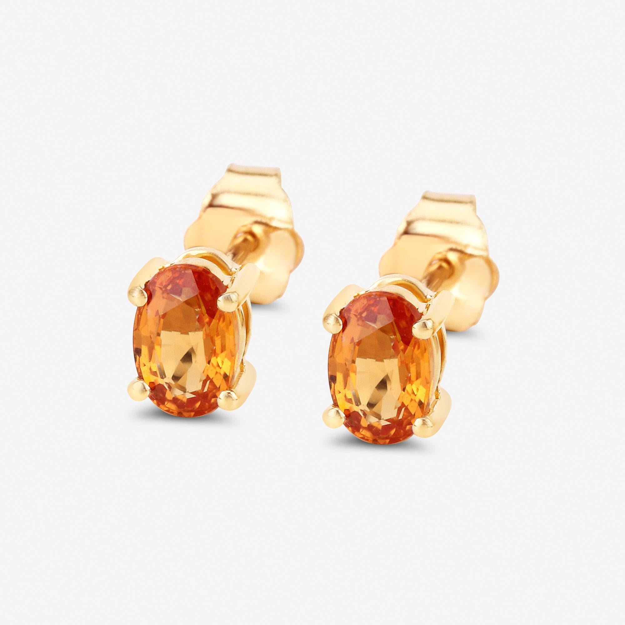 Orange Sapphire Stud Earrings 1.10 Carats Total 14K Yellow Gold In Excellent Condition For Sale In Laguna Niguel, CA