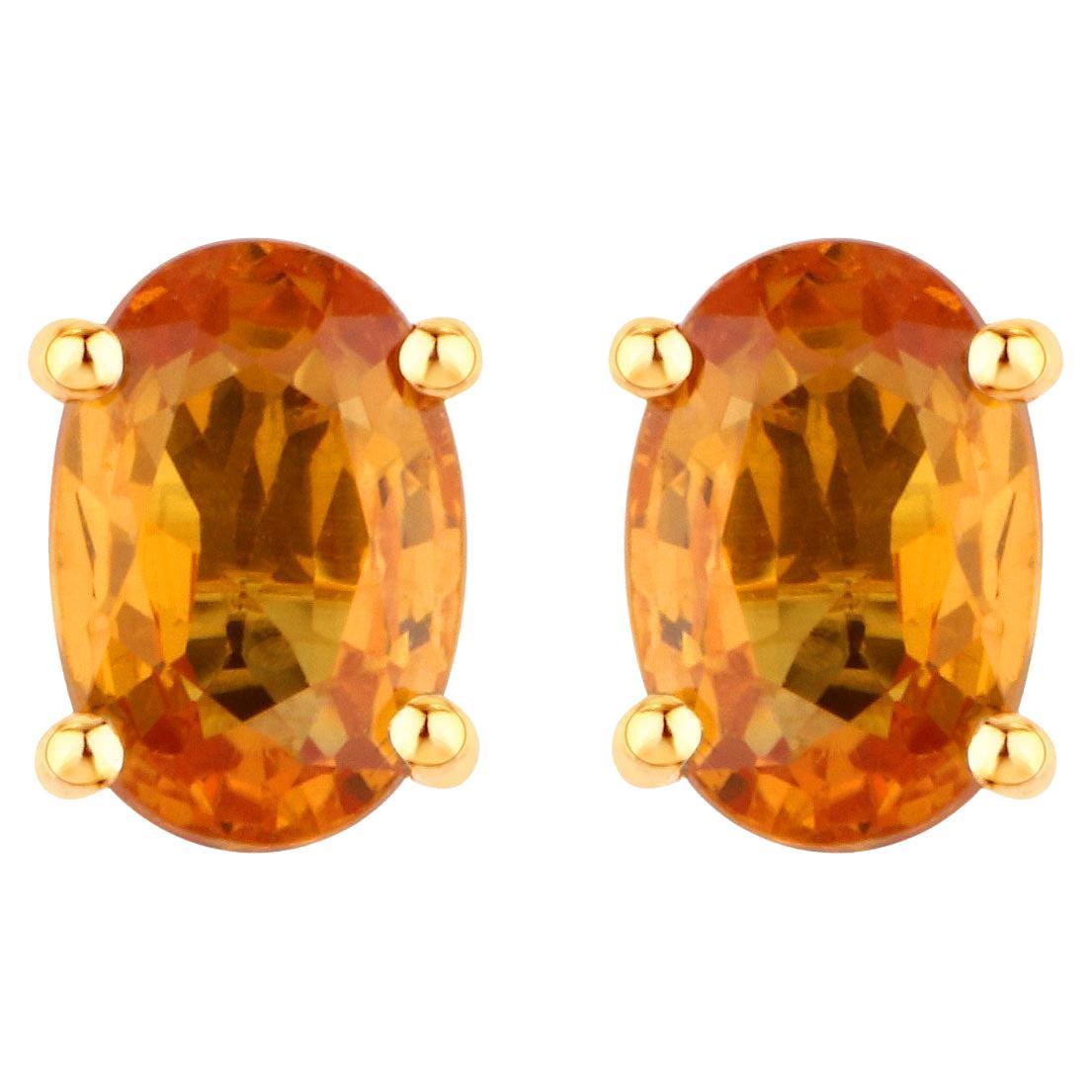 Orange Sapphire Stud Earrings 1.10 Carats Total 14K Yellow Gold For Sale