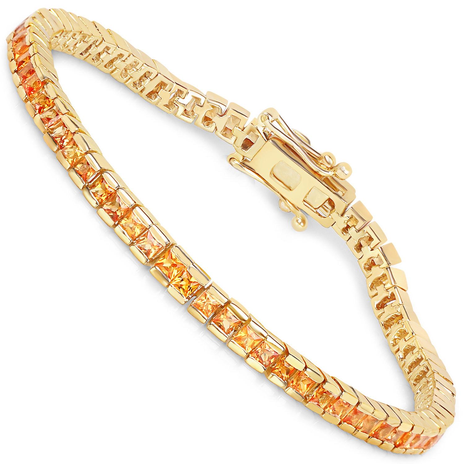 Contemporary Orange Sapphire Tennis Bracelet 6.21 Carats 14K Yellow Gold Plated Silver For Sale