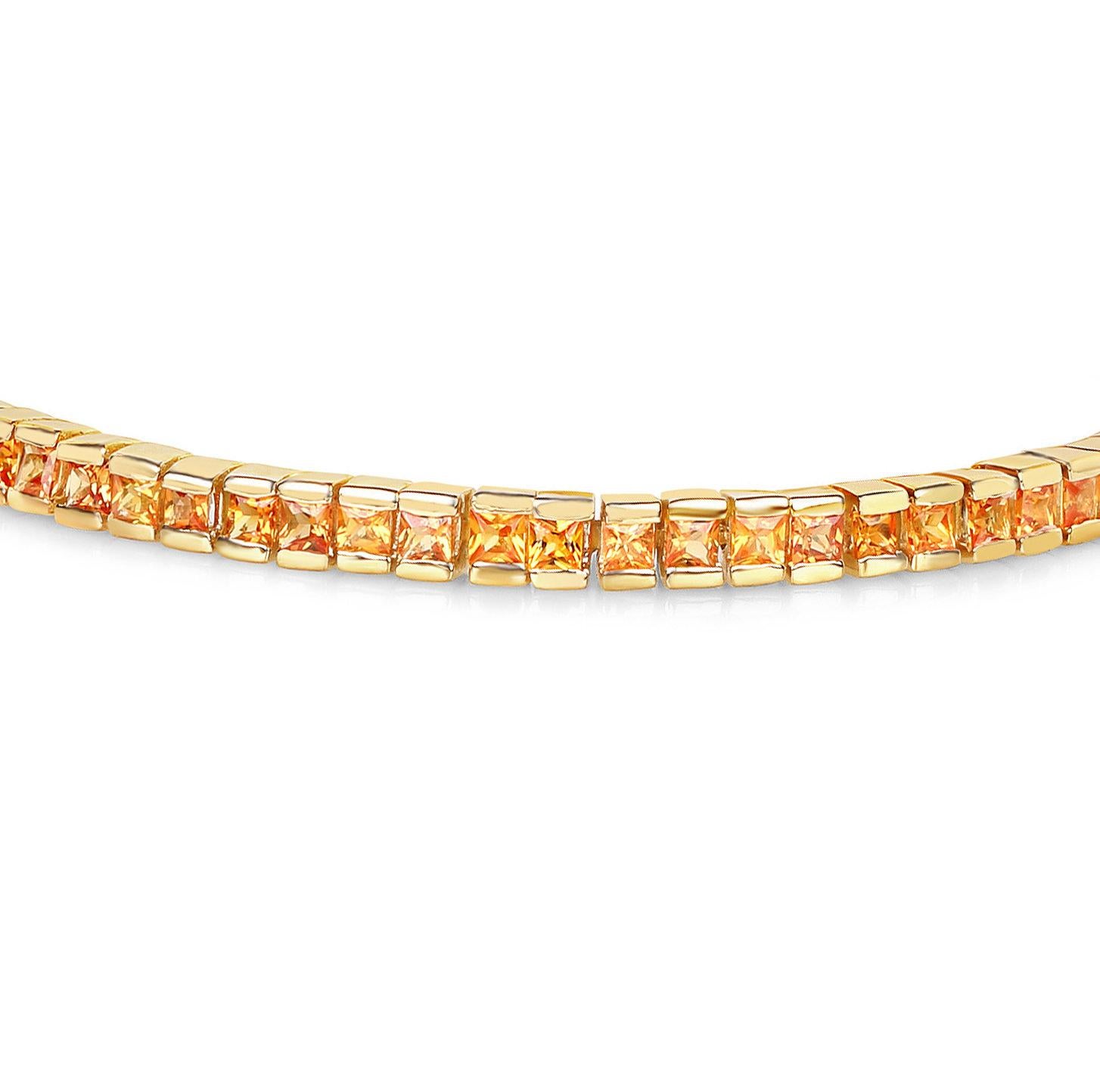 Taille carrée Bracelet tennis en argent plaqué or jaune 14 carats et saphir orange 6,21 carats en vente