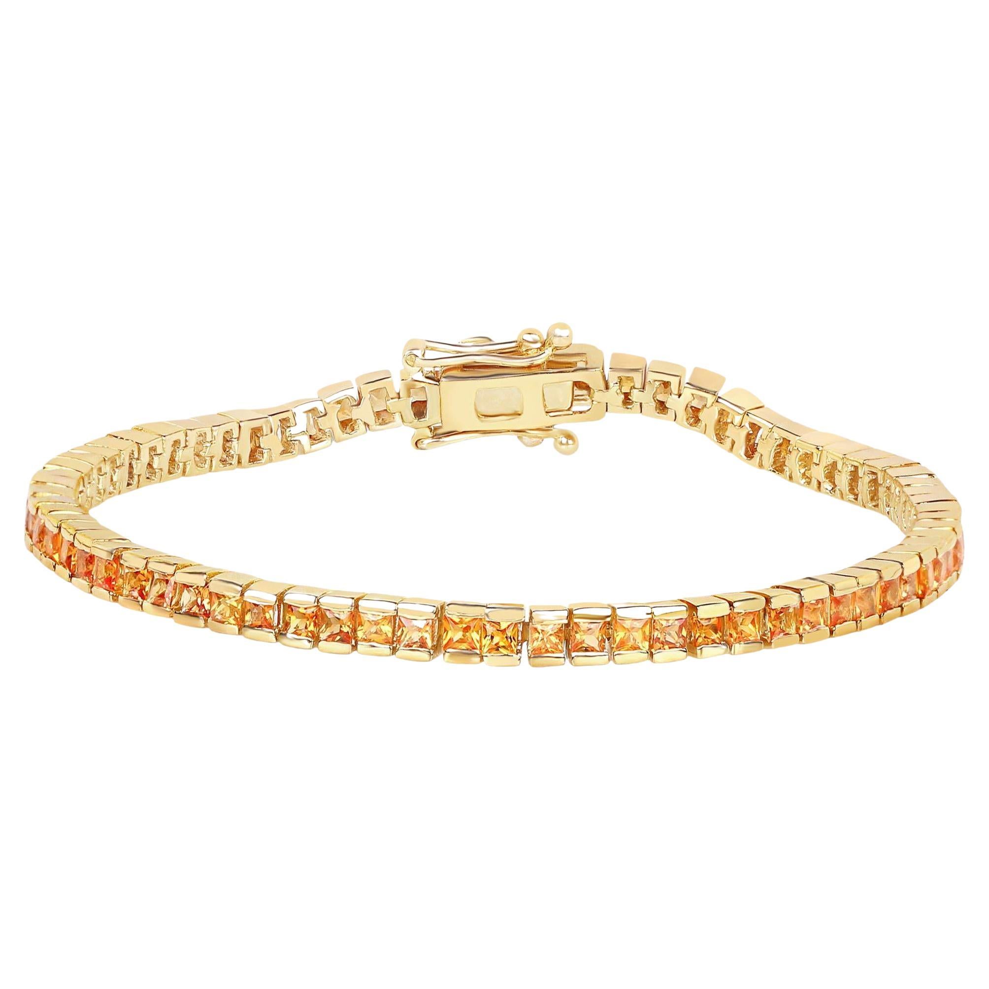 Orange Sapphire Tennis Bracelet 6.21 Carats 14K Yellow Gold Plated Silver For Sale