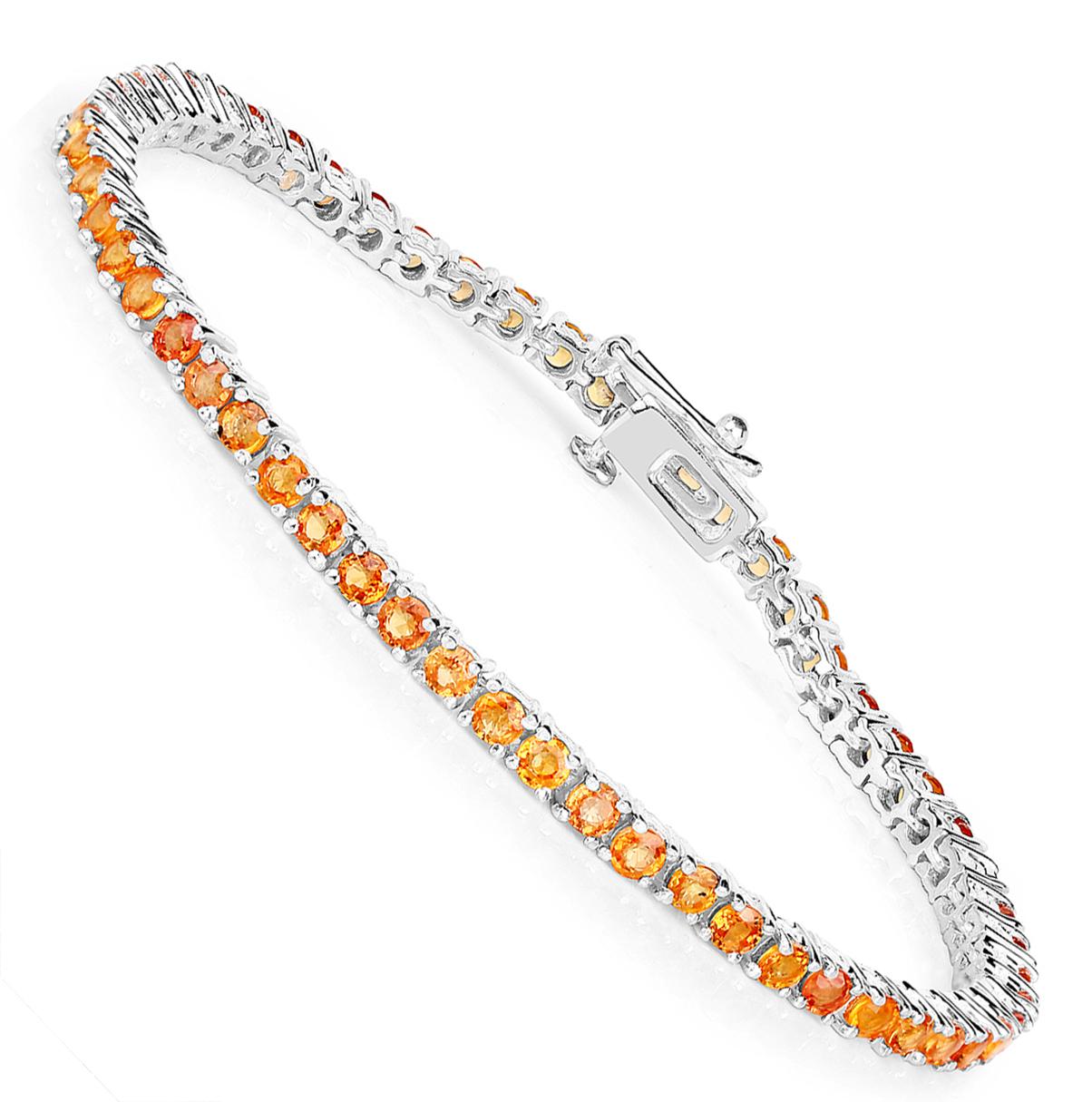 Contemporary Orange Sapphire Tennis Bracelet 7.70 Carats Rhodium Plated Silver For Sale