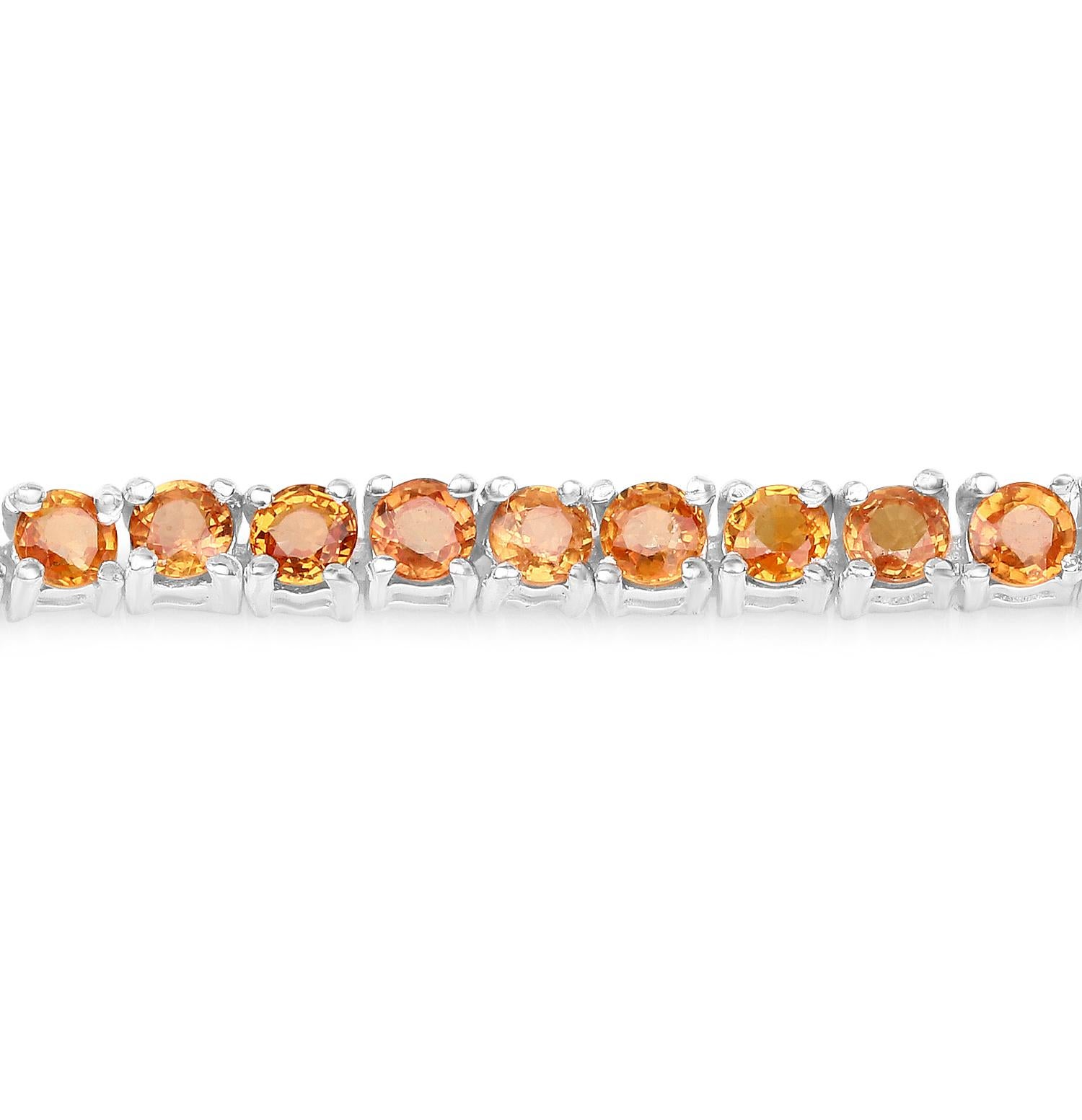 Round Cut Orange Sapphire Tennis Bracelet 7.70 Carats Rhodium Plated Silver For Sale