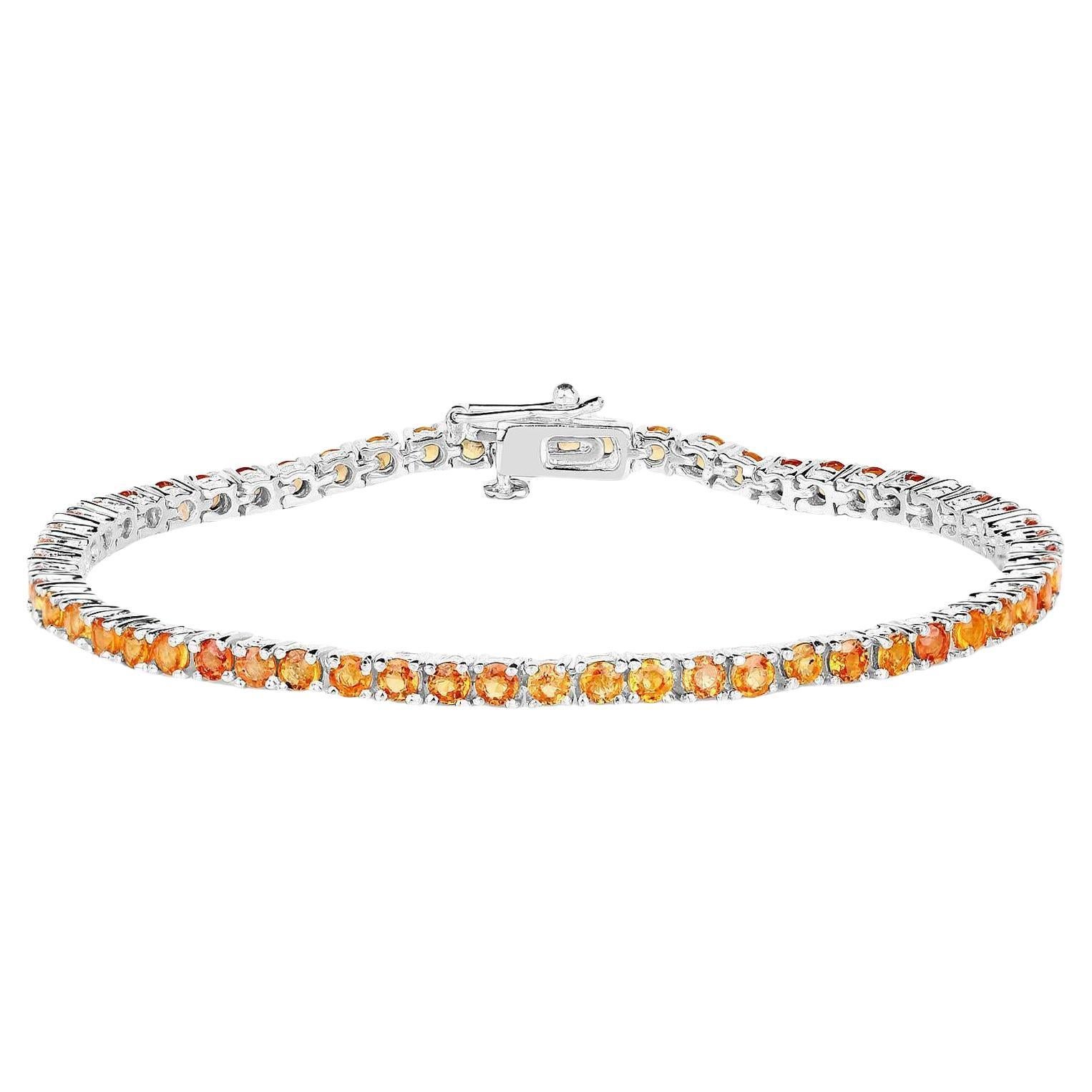 Orange Sapphire Tennis Bracelet 7.70 Carats Rhodium Plated Silver For Sale