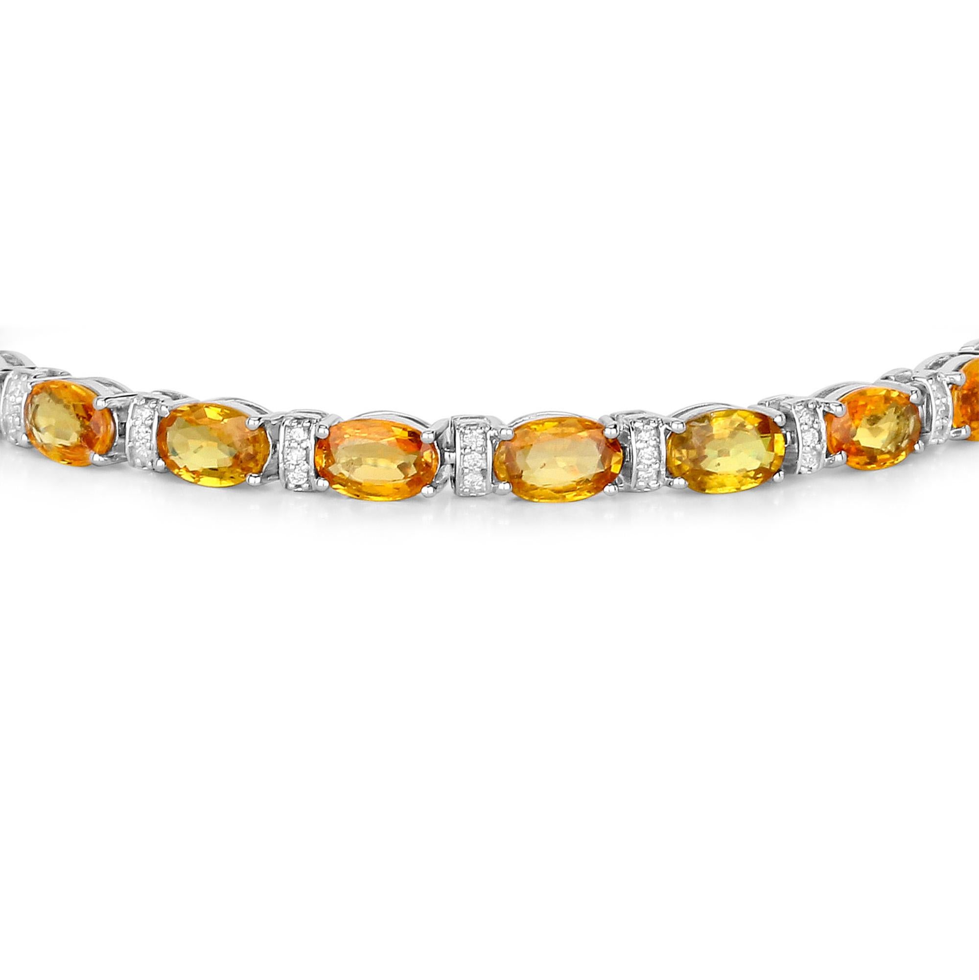 Contemporary Orange Sapphire Tennis Bracelet Diamond Links 12.3 Carats 14K White Gold For Sale