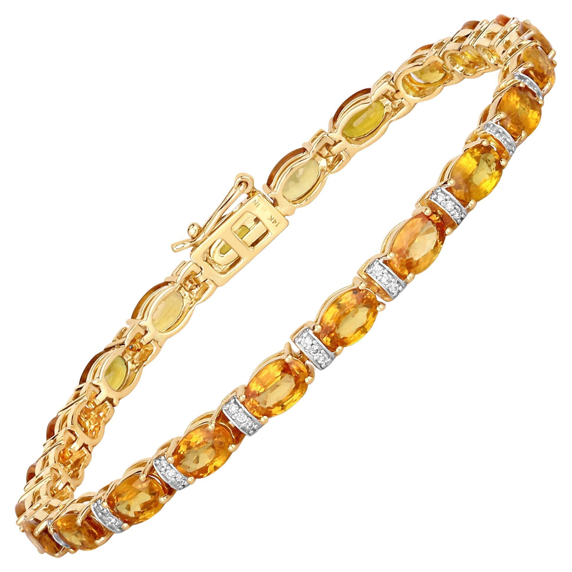 Oval Cut Orange Sapphire Tennis Bracelet Diamond Links 12.35 Carats 14K Yellow Gold For Sale
