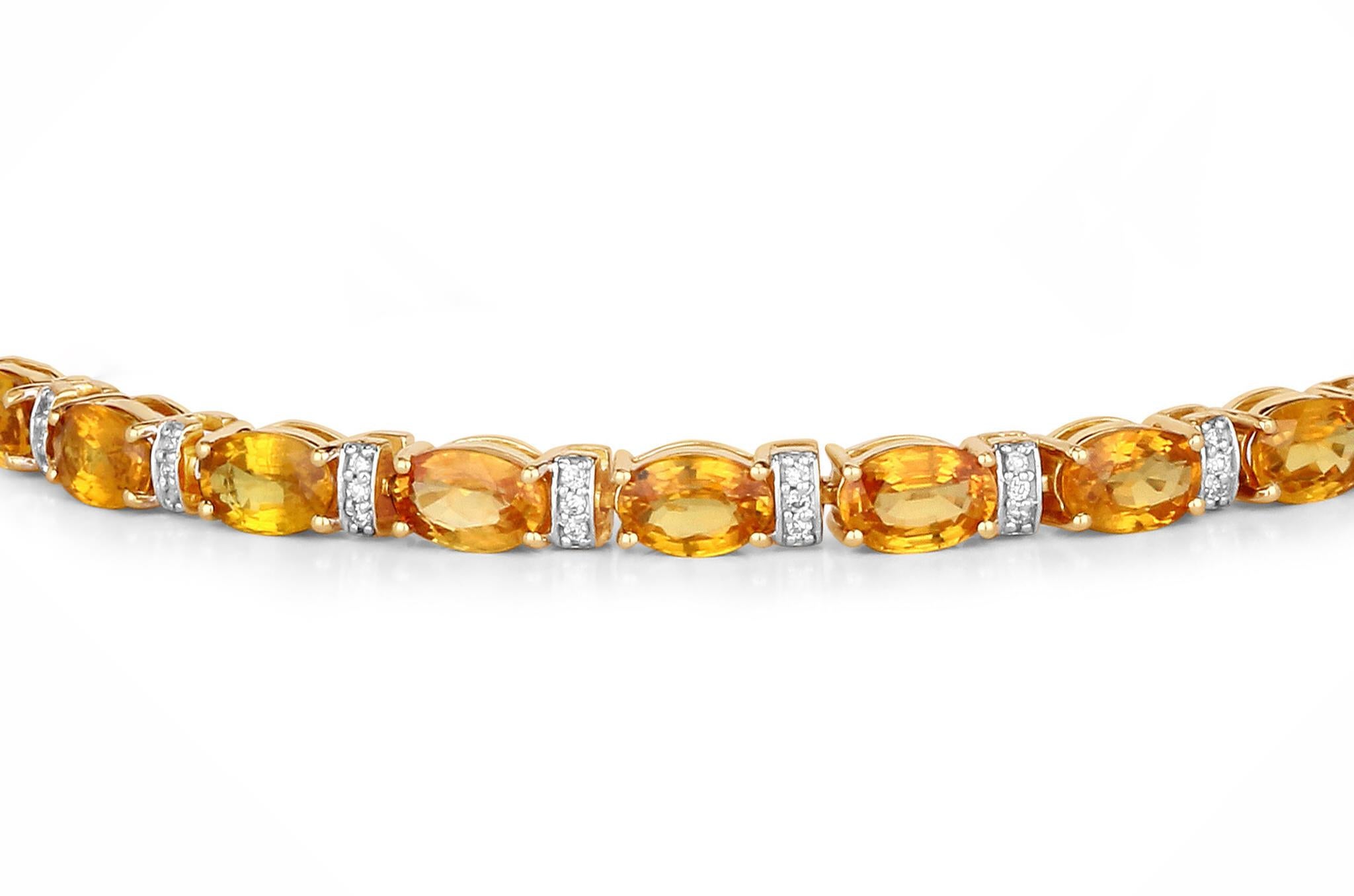 Orange Sapphire Tennis Bracelet Diamond Links 12.35 Carats 14K Yellow Gold In Excellent Condition For Sale In Aliso Viejo, CA