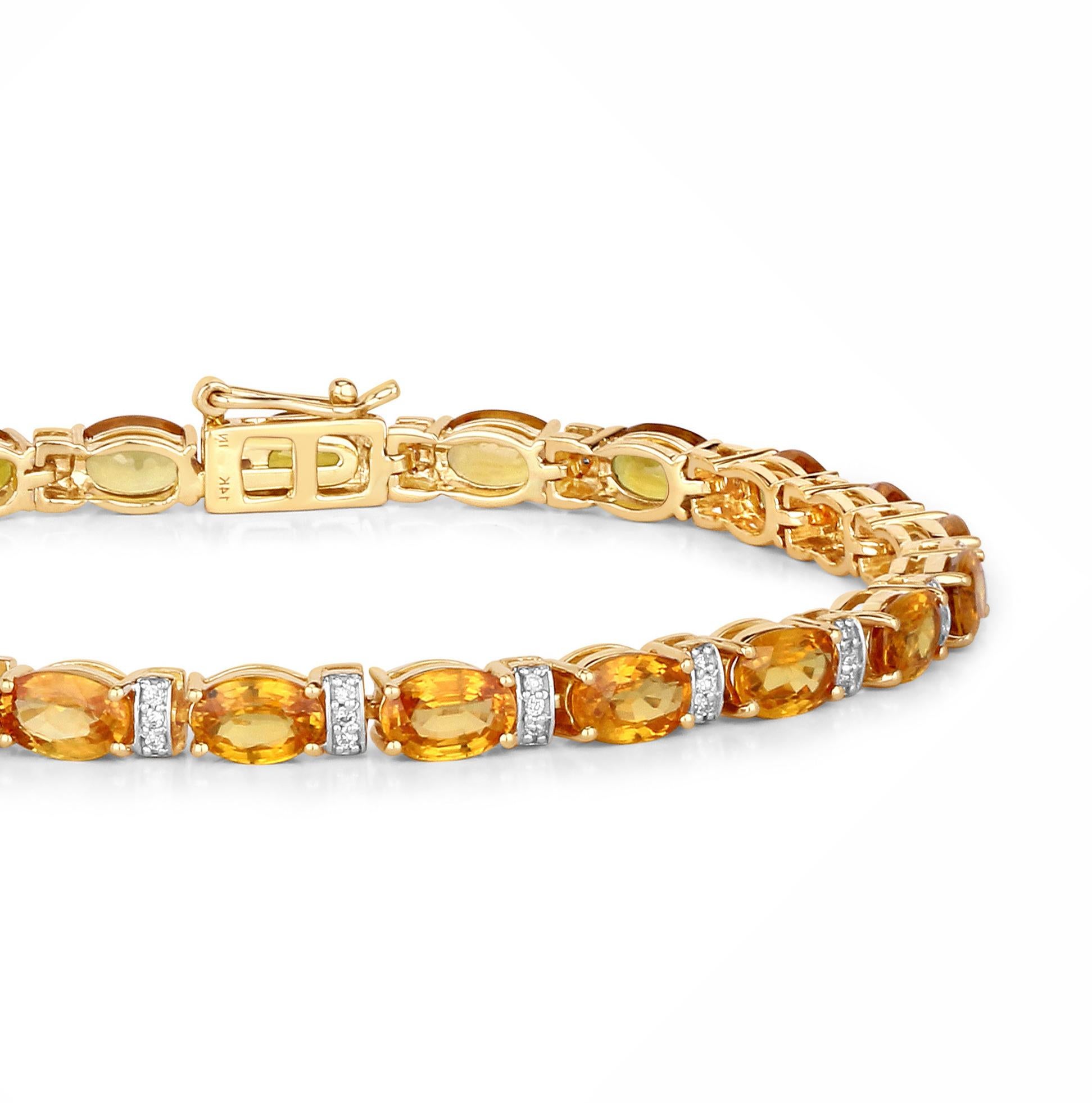 Women's or Men's Orange Sapphire Tennis Bracelet Diamond Links 12.35 Carats 14K Yellow Gold For Sale
