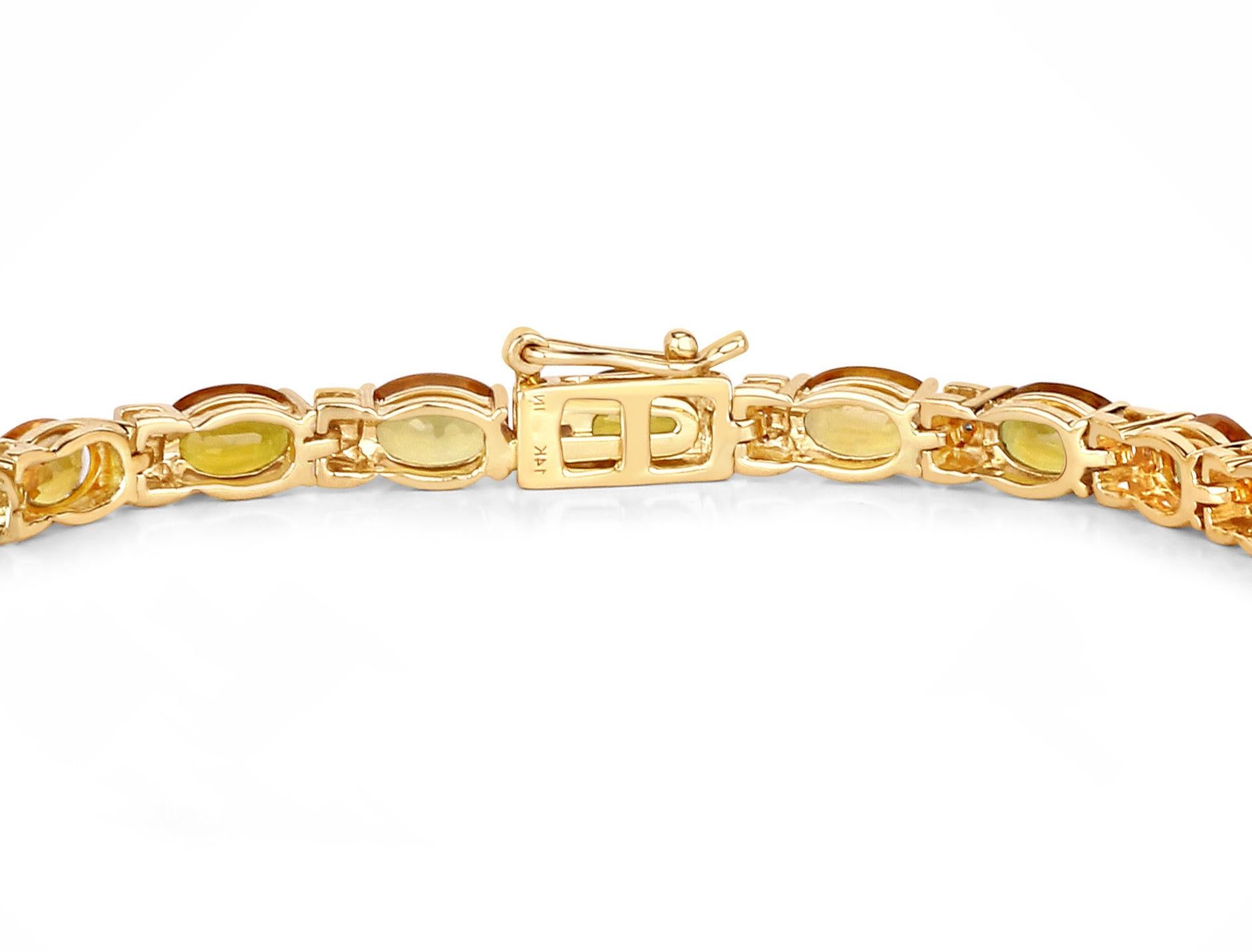 Orange Sapphire Tennis Bracelet Diamond Links 12.35 Carats 14K Yellow Gold For Sale 1